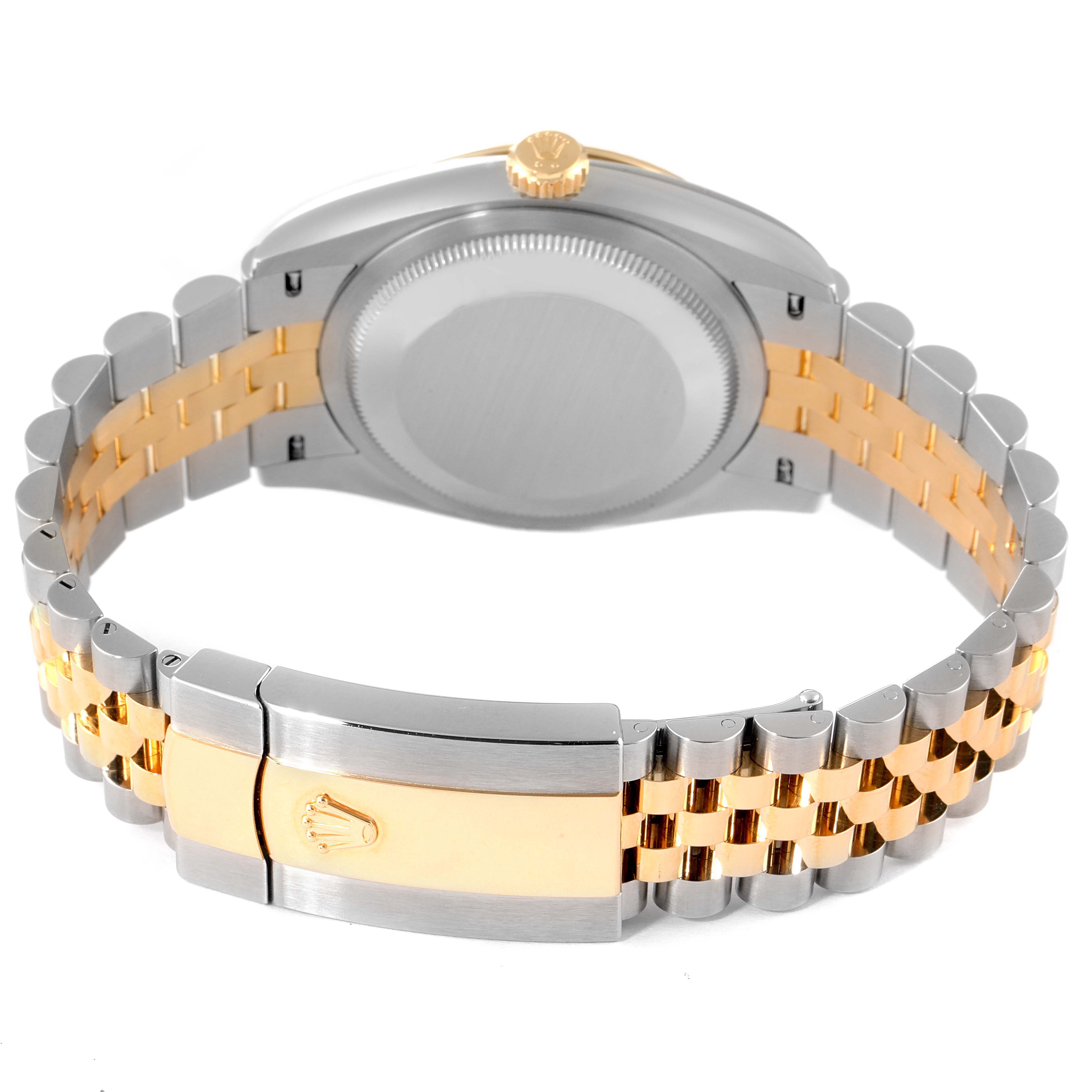 The image shows the back of a Rolex Datejust 126233 Men
s Steel and Gold (two tone) Grey Dial 126233 Men
s Steel and Gold (two tone) Grey Dial watch, highlighting its two-tone bracelet and clasp.