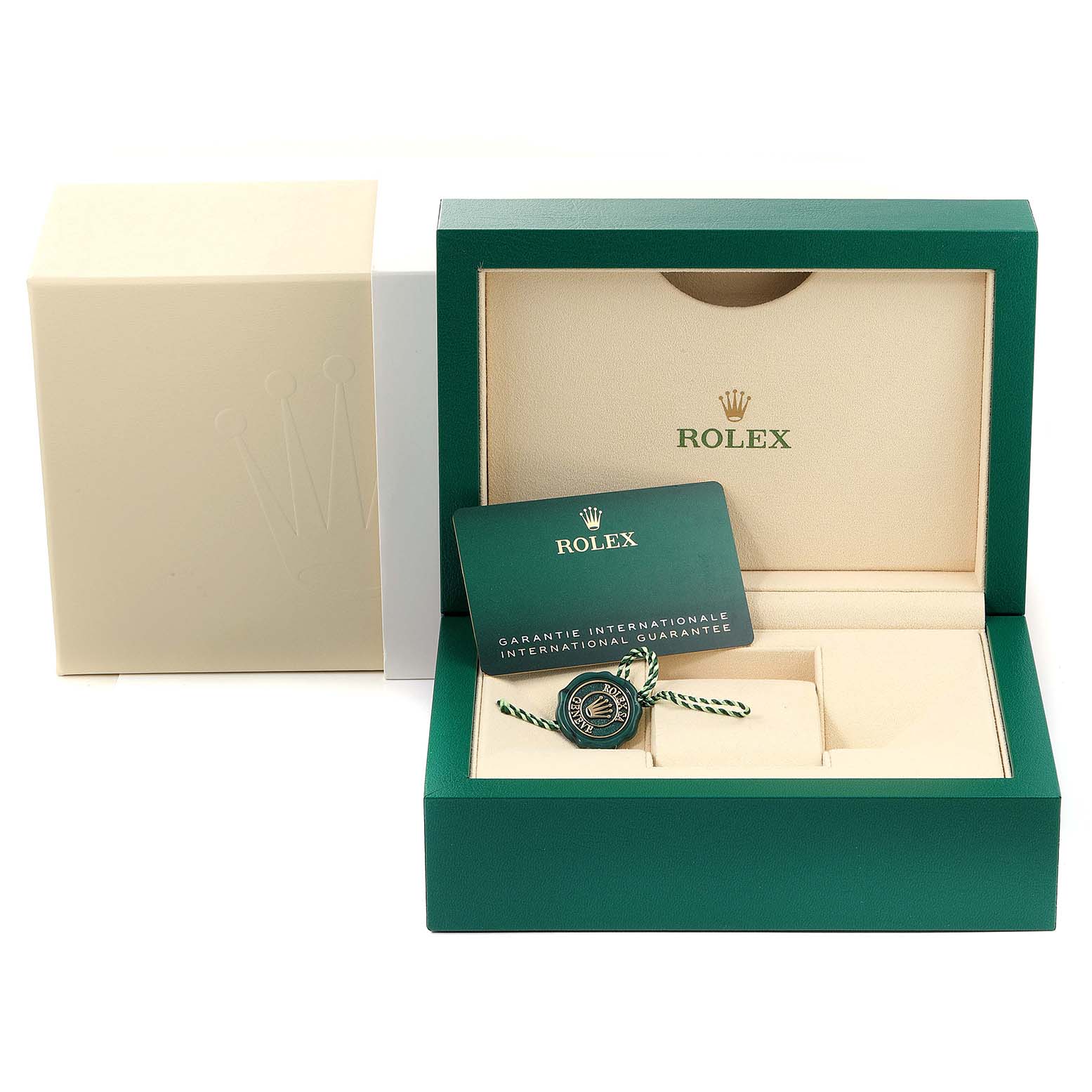 The image shows the packaging of a Rolex Datejust 126233 Men
s Steel and Gold (two tone) Grey Dial 126233 Men
s Steel and Gold (two tone) Grey Dial watch with its box, international guarantee card, and tag, viewed from the front.
