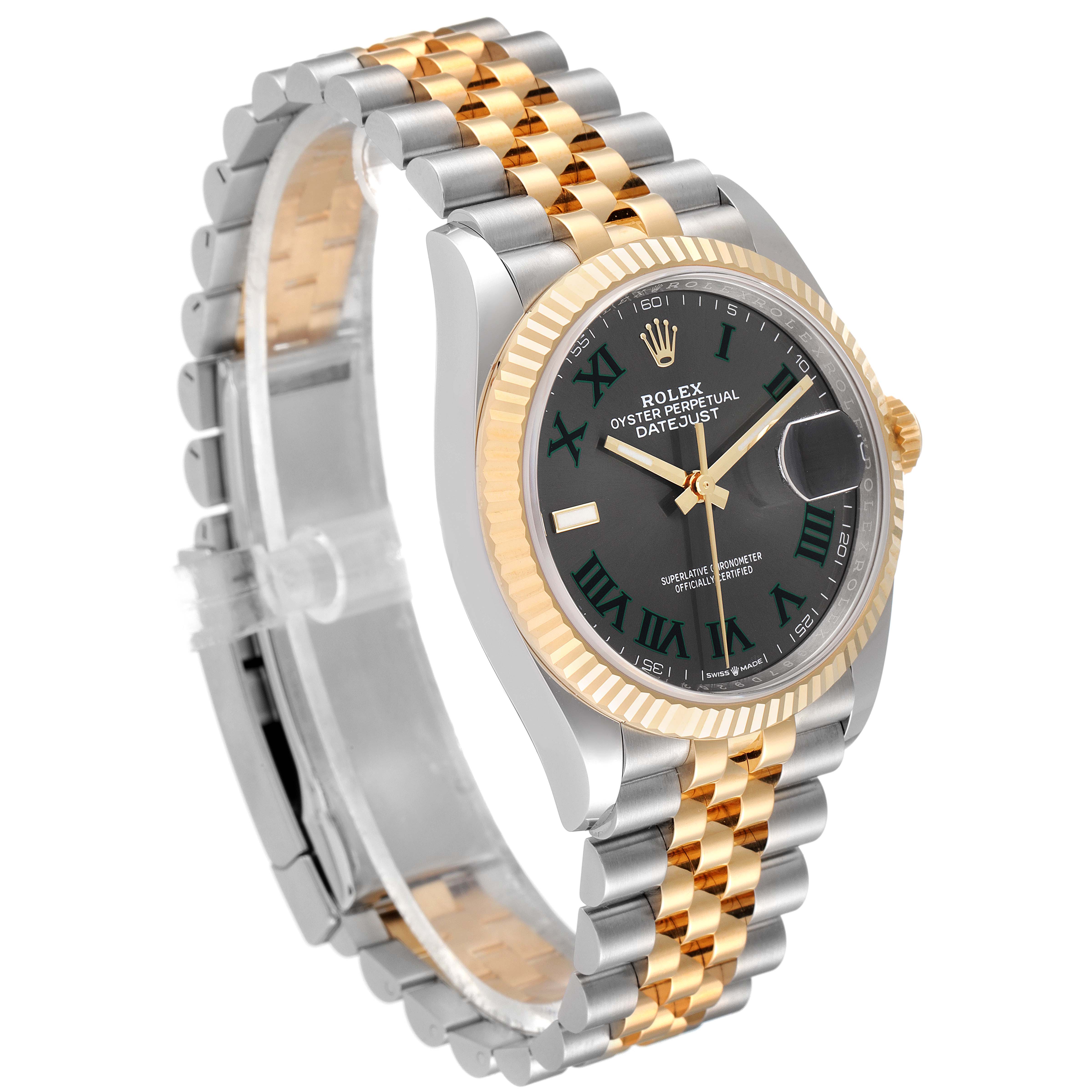 The image shows a side view of a Rolex Datejust 126233 Men
s Steel and Gold (two tone) Grey Dial 126233 Men
s Steel and Gold (two tone) Grey Dial watch, highlighting its two-tone bracelet and fluted bezel.