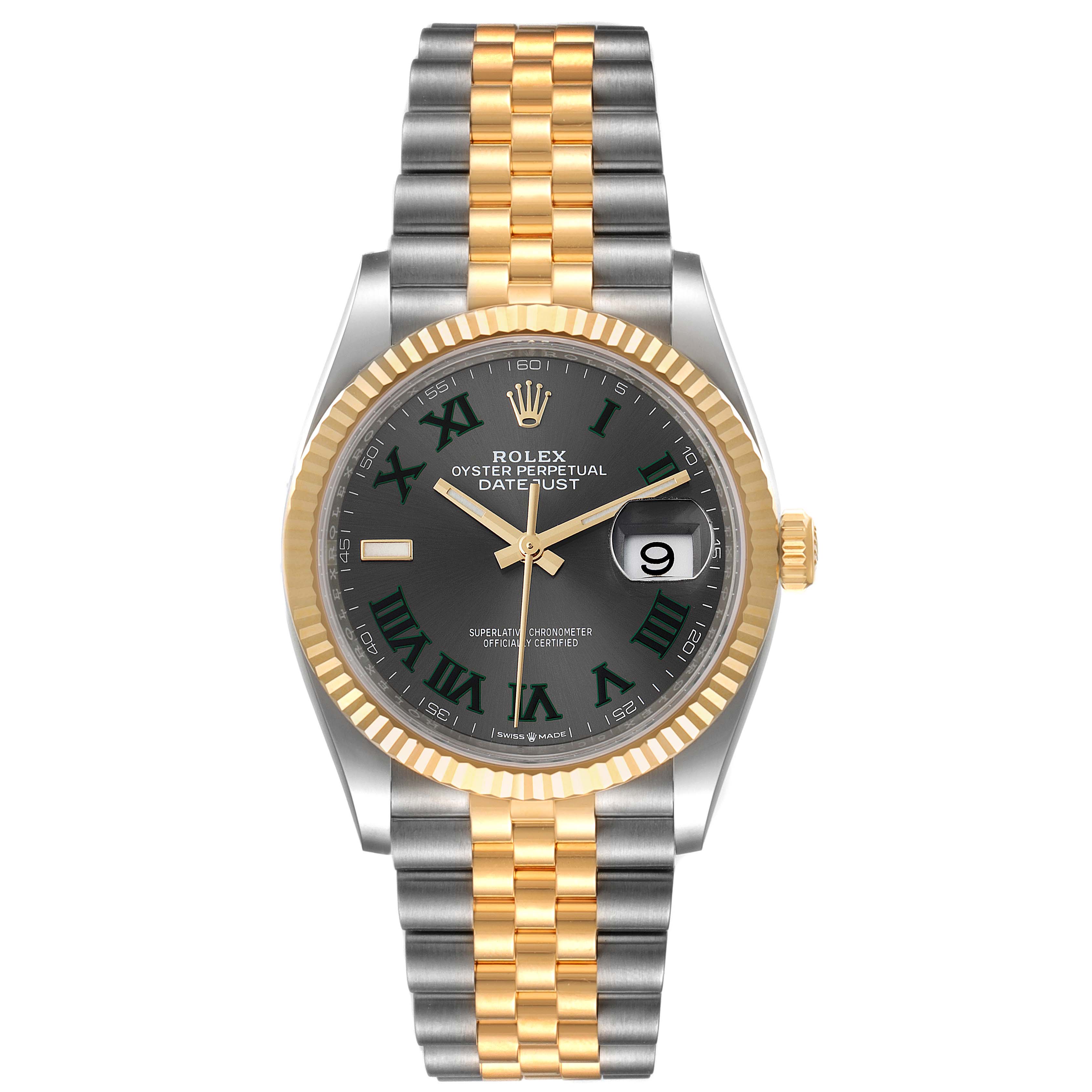 The image shows a Rolex Datejust 126233 Men
s Steel and Gold (two tone) Grey Dial 126233 Men
s Steel and Gold (two tone) Grey Dial watch from a front angle, highlighting the dial, bezel, and bracelet.