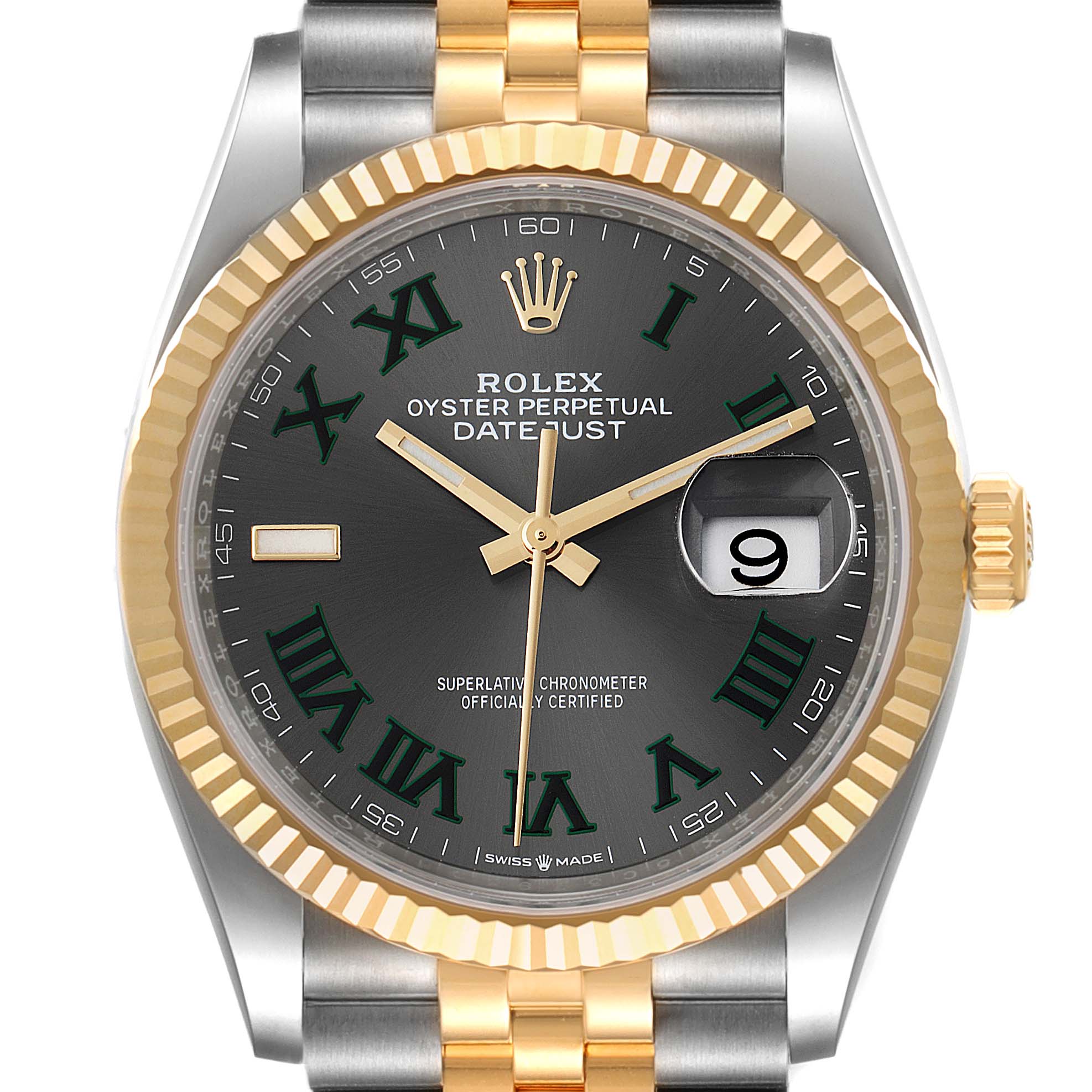 The image shows a close-up of the Rolex Datejust 126233 Men
s Steel and Gold (two tone) Grey Dial 126233 Men
s Steel and Gold (two tone) Grey Dial watch face, displaying the time, date, and part of the two-tone bracelet.