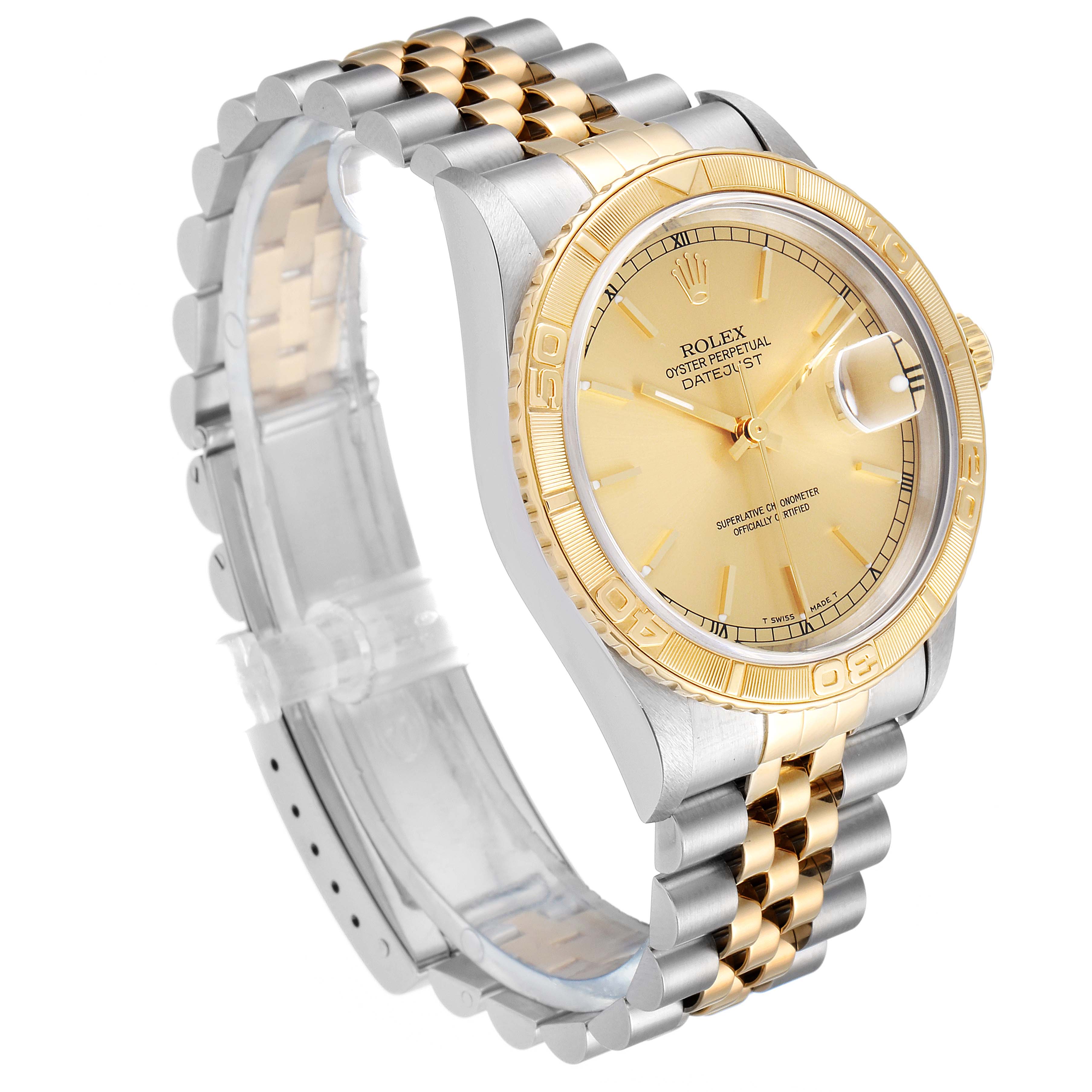 The Rolex Turn-o-Graph 16263 Men's Steel and Gold (two tone) Champagne Dial 16263 Men's Steel and Gold (two tone) Champagne Dial watch is shown at an angled view, highlighting its two-tone bracelet, gold bezel, and dial.
