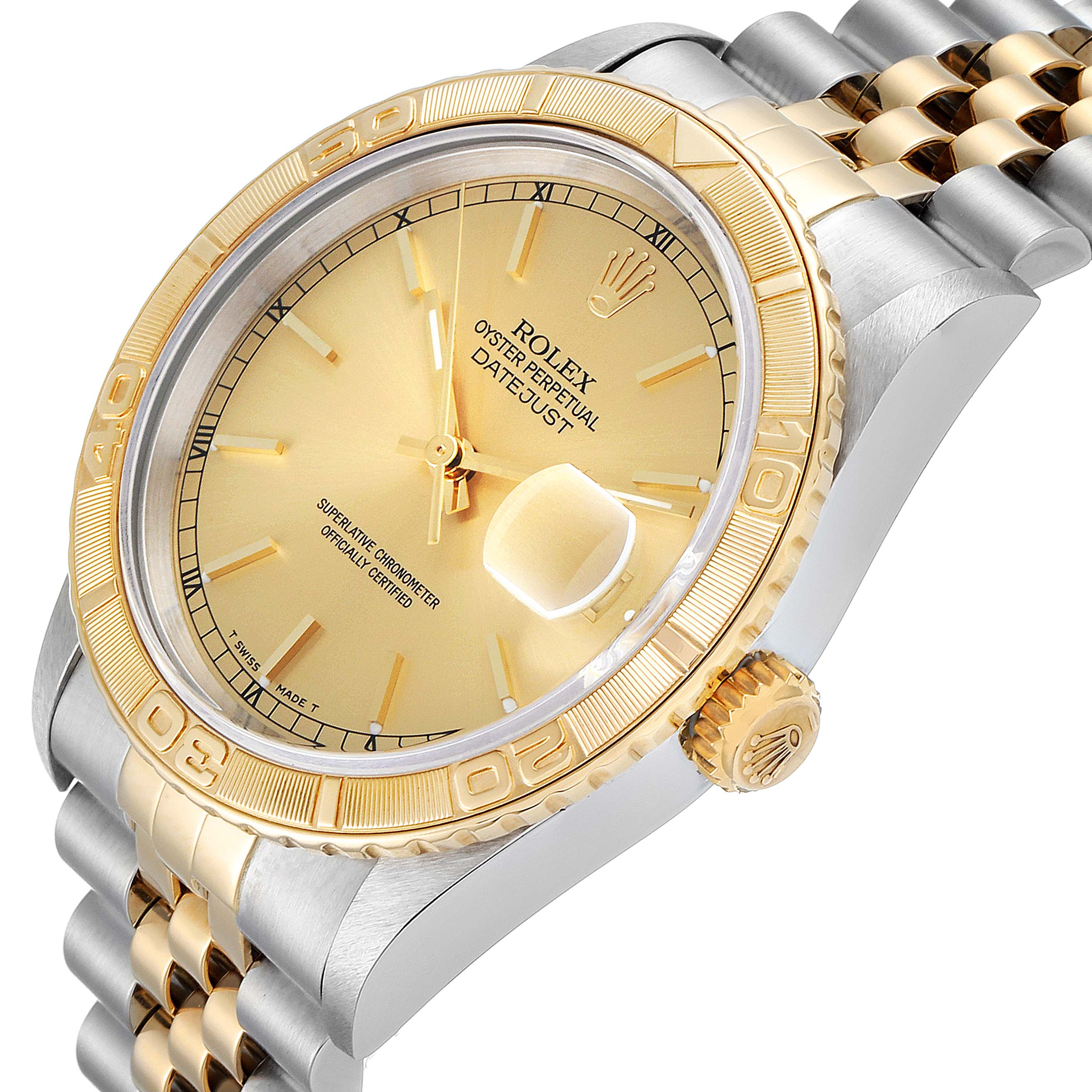 The image shows a close-up angled view of the Rolex Turn-o-Graph 16263 Men's Steel and Gold (two tone) Champagne Dial 16263 Men's Steel and Gold (two tone) Champagne Dial watch, highlighting its gold bezel, dial, and part of the bracelet.