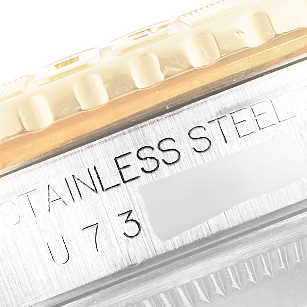 This close-up image shows the stainless steel case and part of the bezel of a Turn-o-Graph model by Rolex.