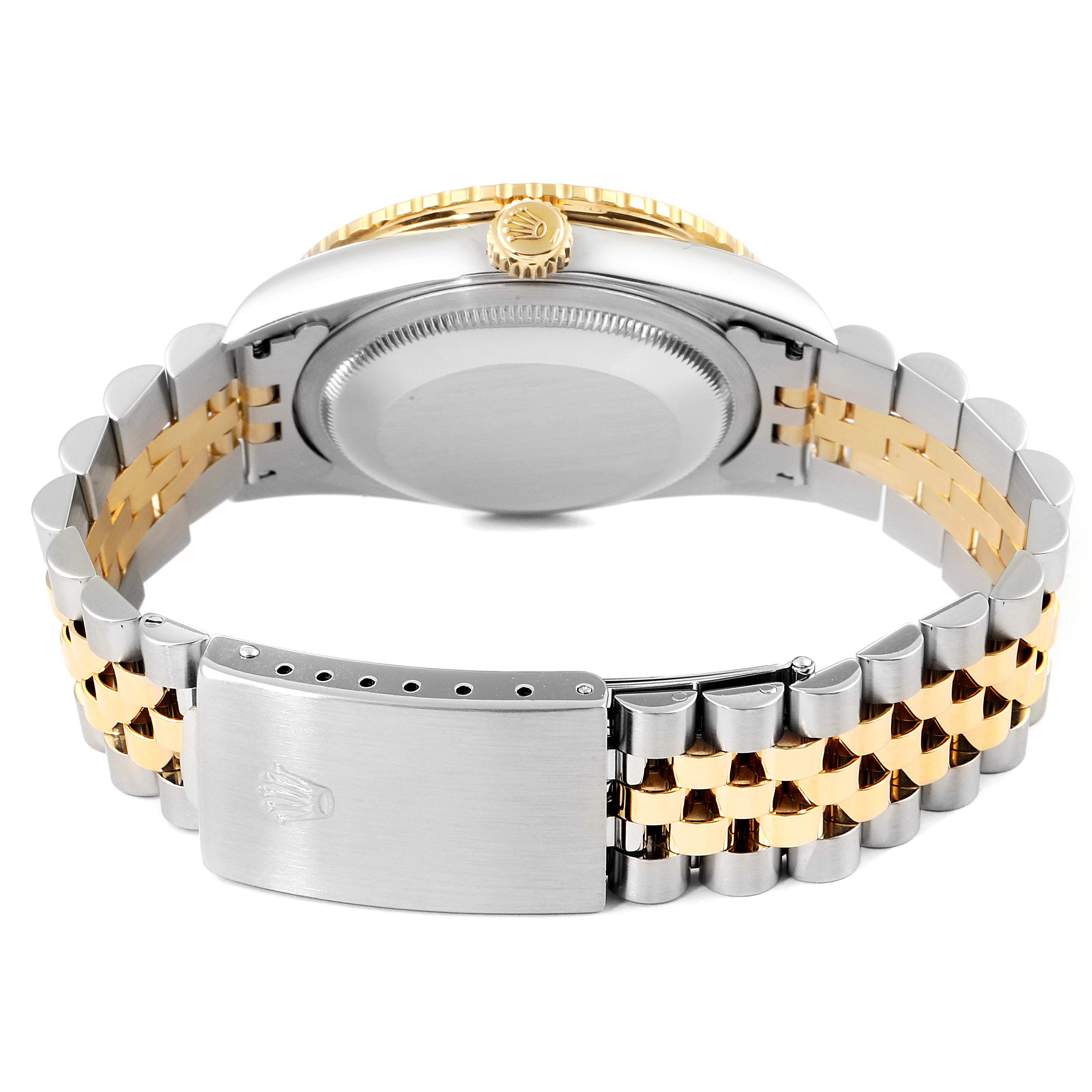 This image shows the back of a Rolex Turn-o-Graph 16263 Men's Steel and Gold (two tone) Champagne Dial 16263 Men's Steel and Gold (two tone) Champagne Dial watch, highlighting the case back, crown, and bracelet with a clasp.