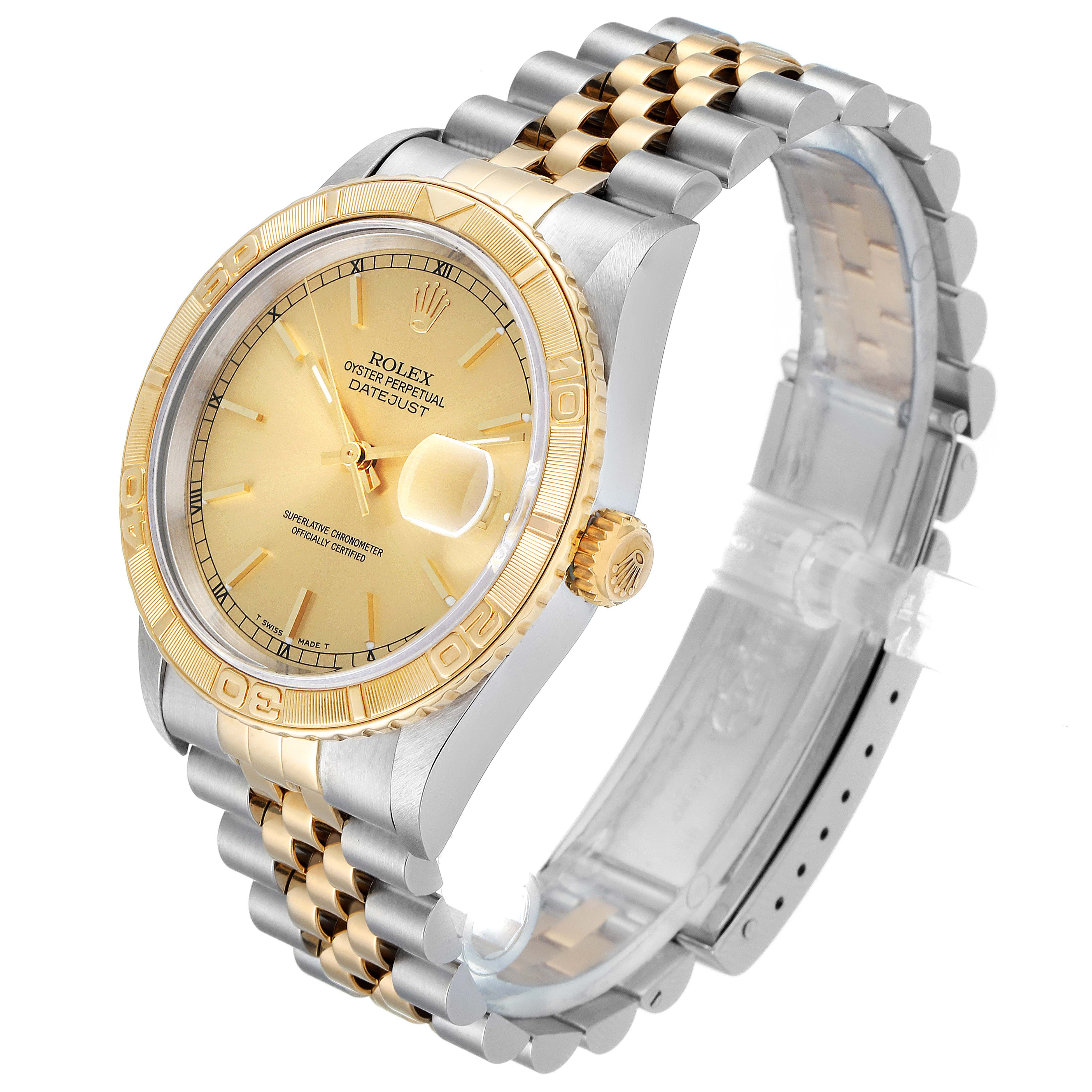 The Rolex Turn-o-Graph 16263 Men's Steel and Gold (two tone) Champagne Dial 16263 Men's Steel and Gold (two tone) Champagne Dial watch is shown at a slight angle, highlighting the face, bezel, crown, and two-tone bracelet.