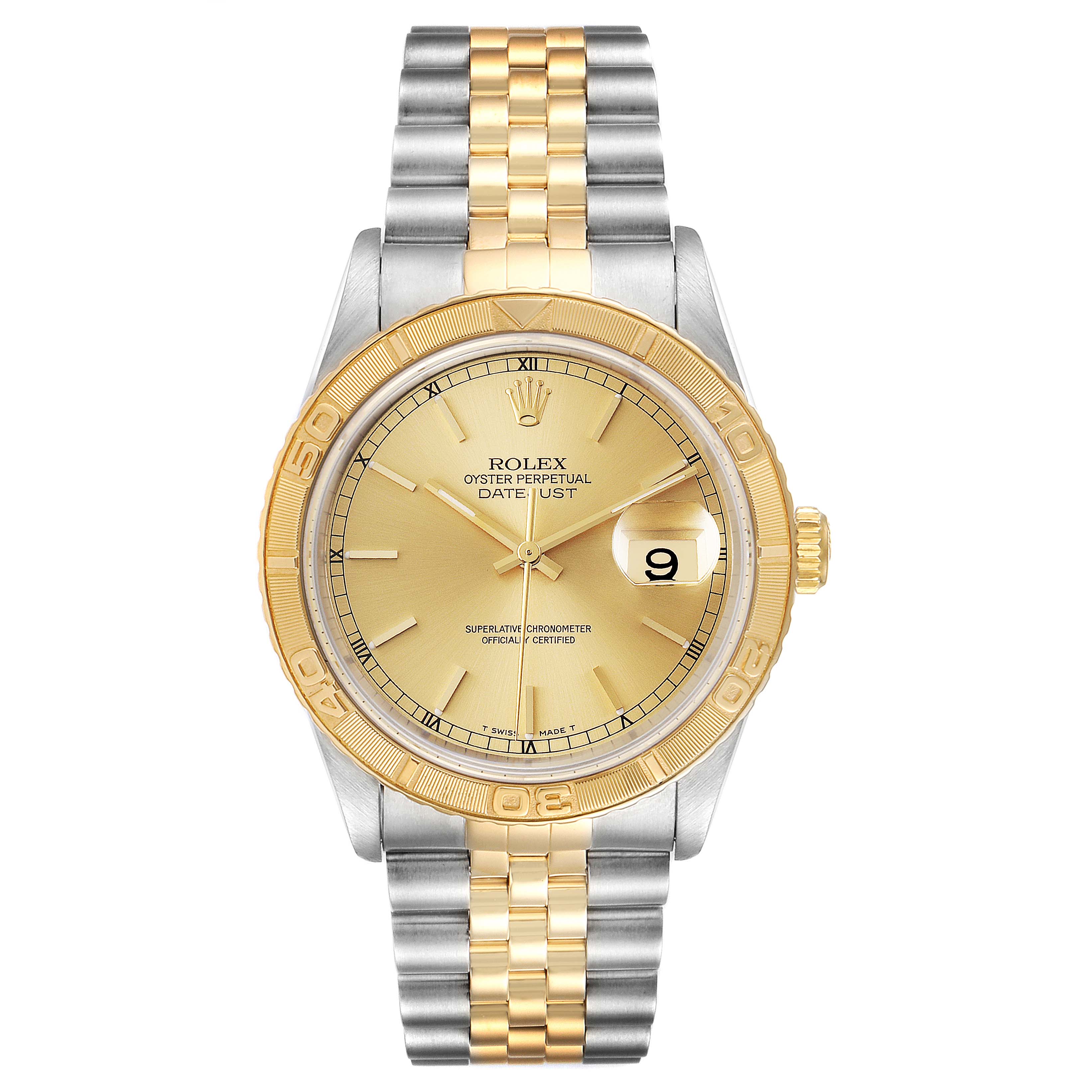 The image shows the front view of a Rolex Turn-o-Graph 16263 Men's Steel and Gold (two tone) Champagne Dial 16263 Men's Steel and Gold (two tone) Champagne Dial watch, featuring a gold bezel and a two-tone bracelet.