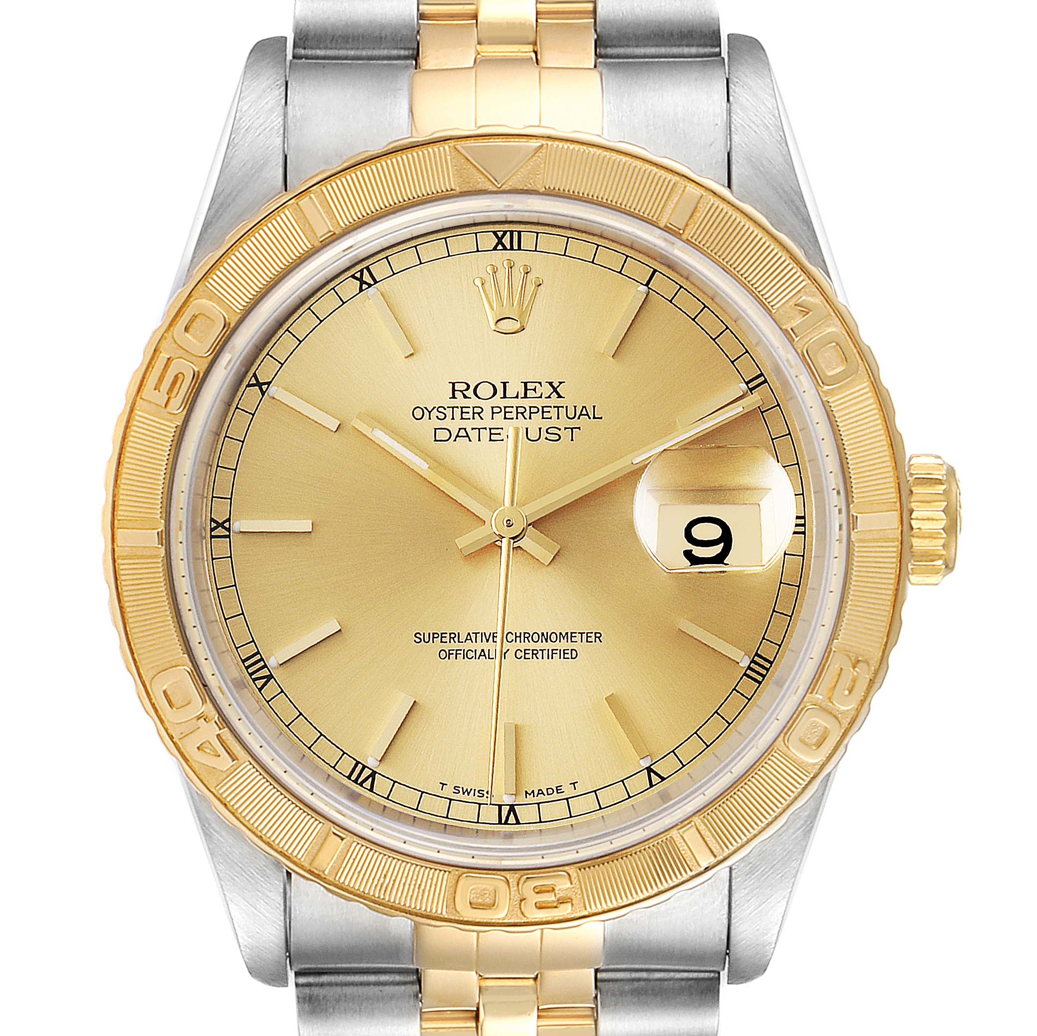 The image shows a frontal view of the Rolex Turn-o-Graph 16263 Men's Steel and Gold (two tone) Champagne Dial 16263 Men's Steel and Gold (two tone) Champagne Dial watch, highlighting its dial, bezel, and part of its bracelet.