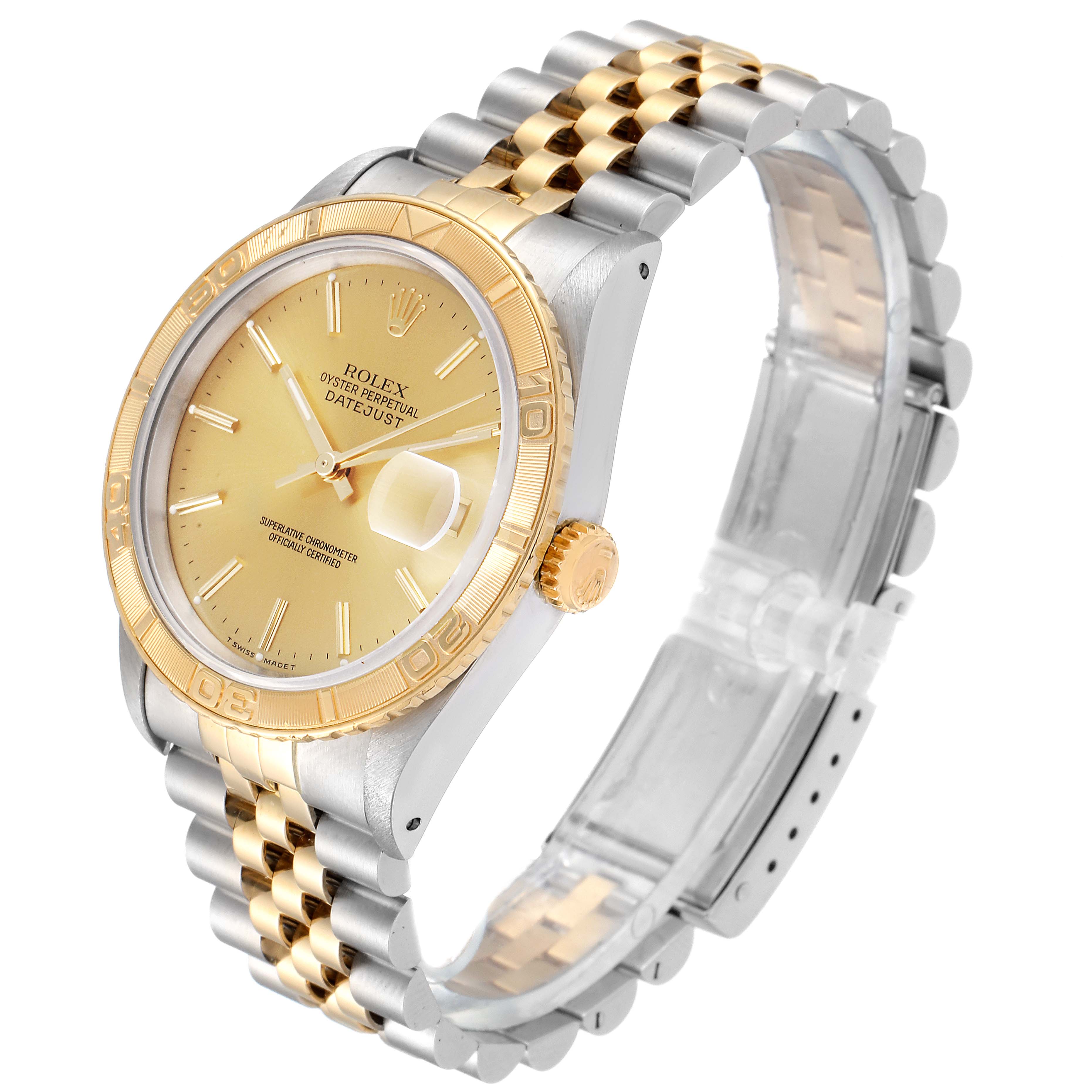 The image shows a Rolex Turn-o-Graph 16263 Men's Steel and Gold (two tone) Champagne Dial 16263 Men's Steel and Gold (two tone) Champagne Dial watch with a two-tone bracelet, gold bezel, and gold dial at a three-quarter angle.