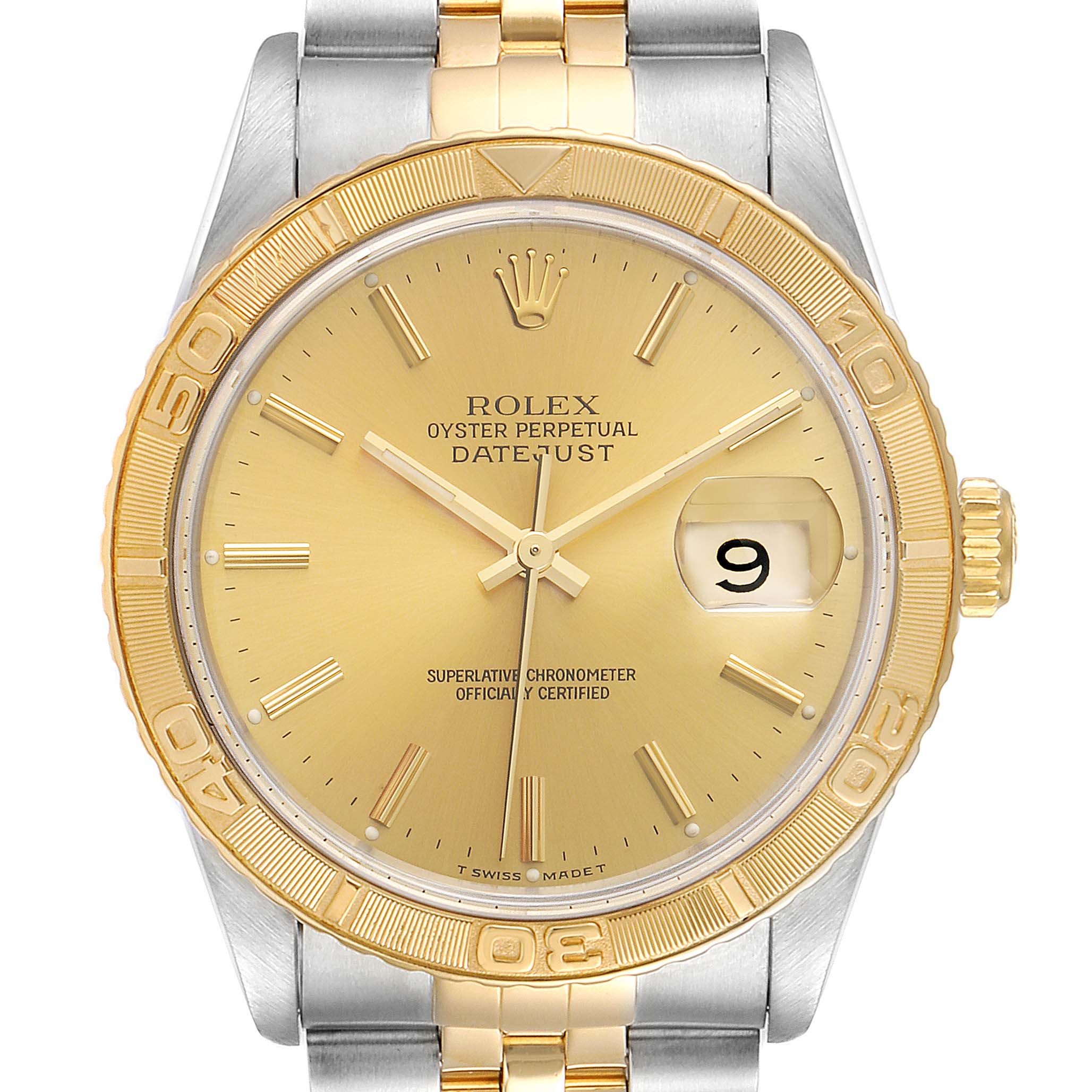 The image shows the front view of a Rolex Turn-o-Graph 16263 Men's Steel and Gold (two tone) Champagne Dial 16263 Men's Steel and Gold (two tone) Champagne Dial watch, displaying the dial, bezel, and part of the bracelet.