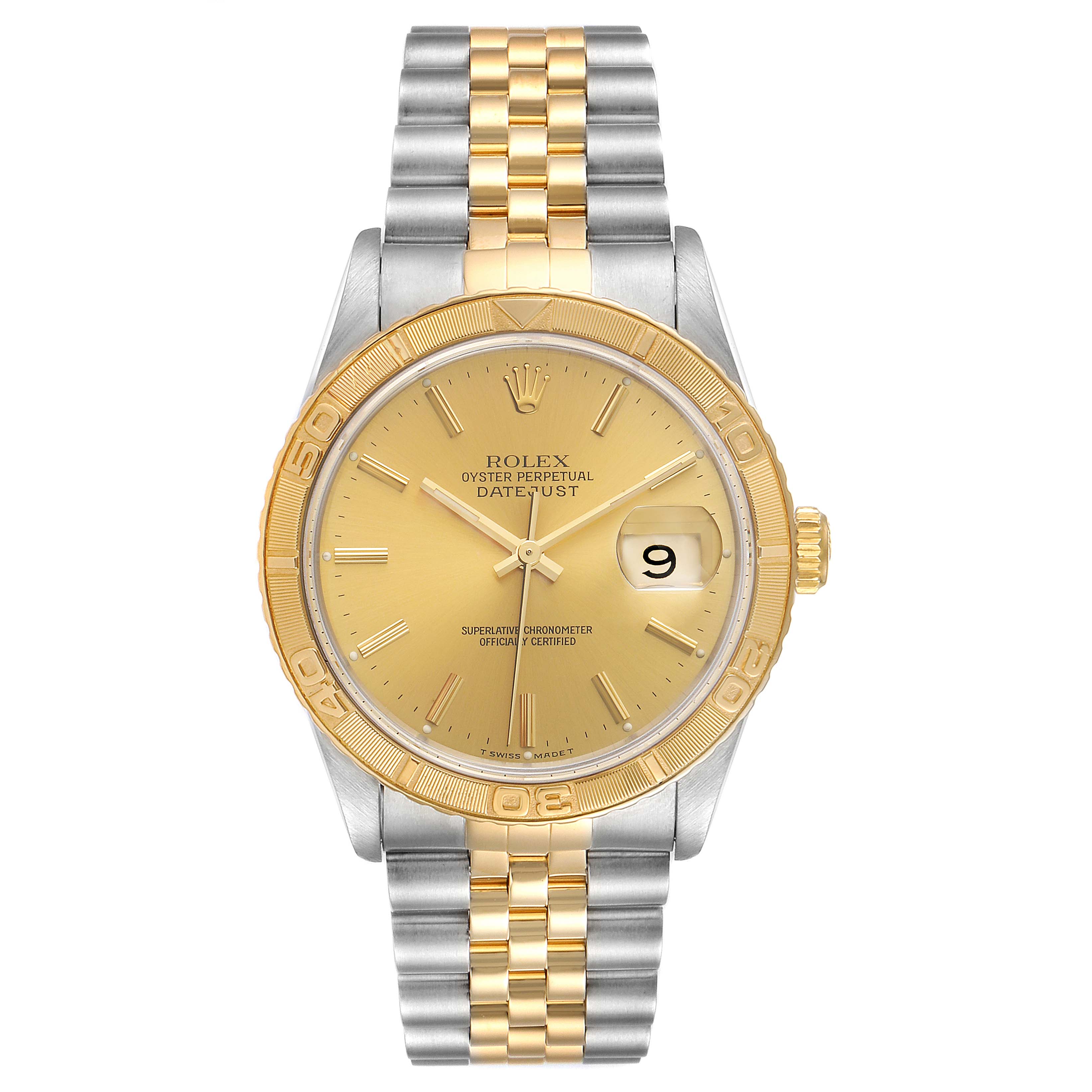 This image shows a frontal view of a Rolex Turn-o-Graph 16263 Men's Steel and Gold (two tone) Champagne Dial 16263 Men's Steel and Gold (two tone) Champagne Dial watch, highlighting the bezel, dial, and two-tone bracelet.