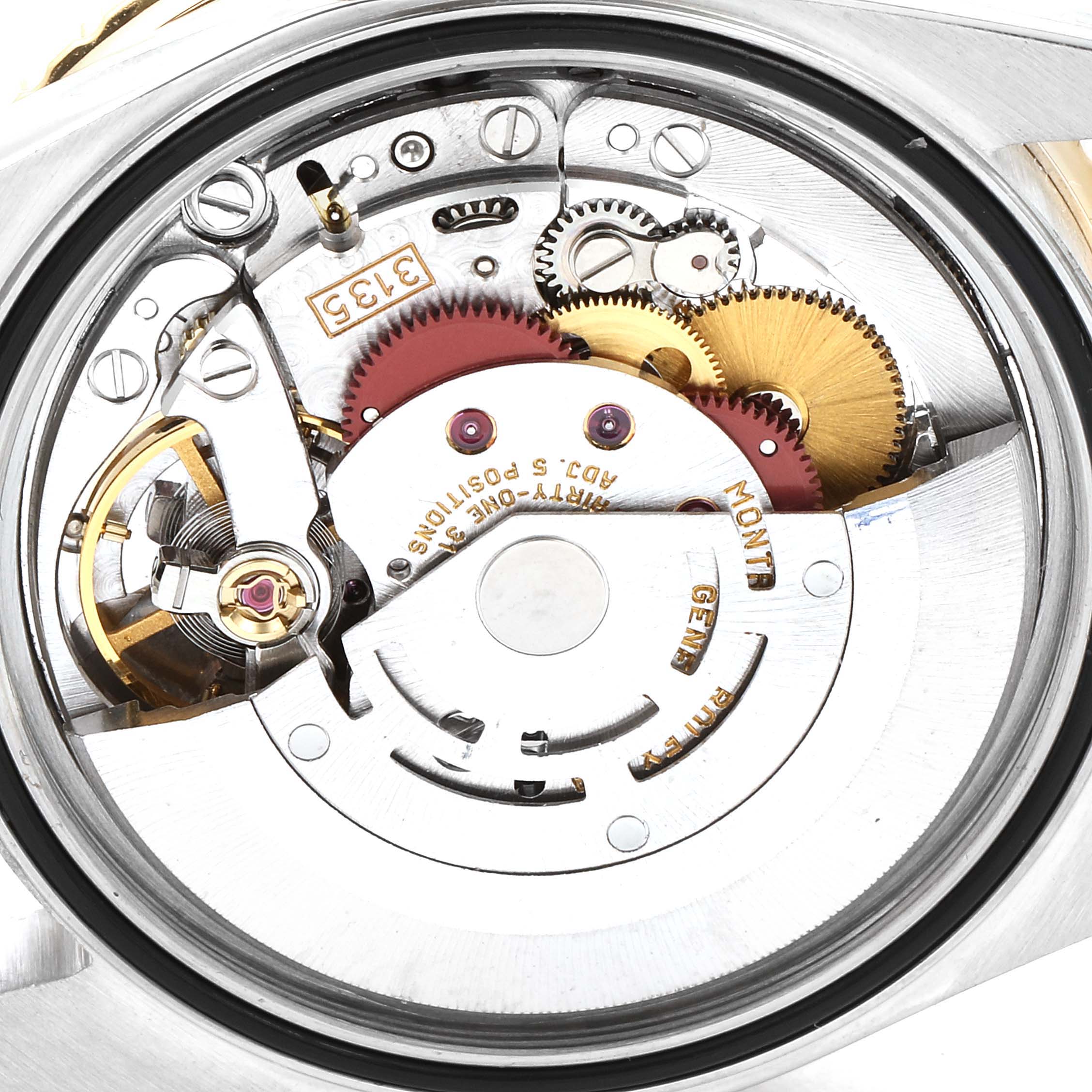 This image shows an inner view of the Rolex Turn-o-Graph 16263 Men's Steel and Gold (two tone) Champagne Dial 16263 Men's Steel and Gold (two tone) Champagne Dial model watch, focusing on its intricate movement mechanism.