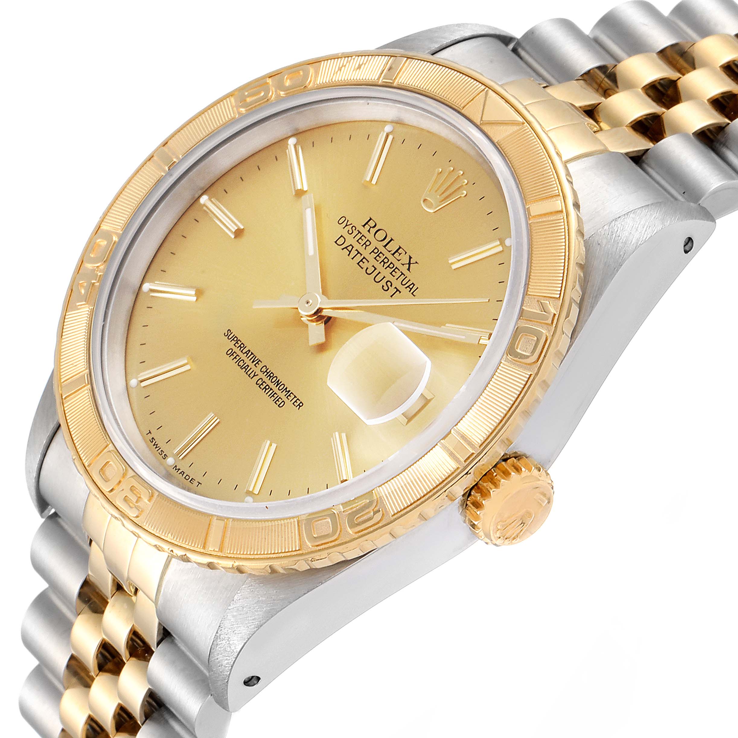 The image shows a close-up angle of the Rolex Turn-o-Graph 16263 Men's Steel and Gold (two tone) Champagne Dial 16263 Men's Steel and Gold (two tone) Champagne Dial watch, highlighting its gold bezel, crown, and jubilee bracelet.