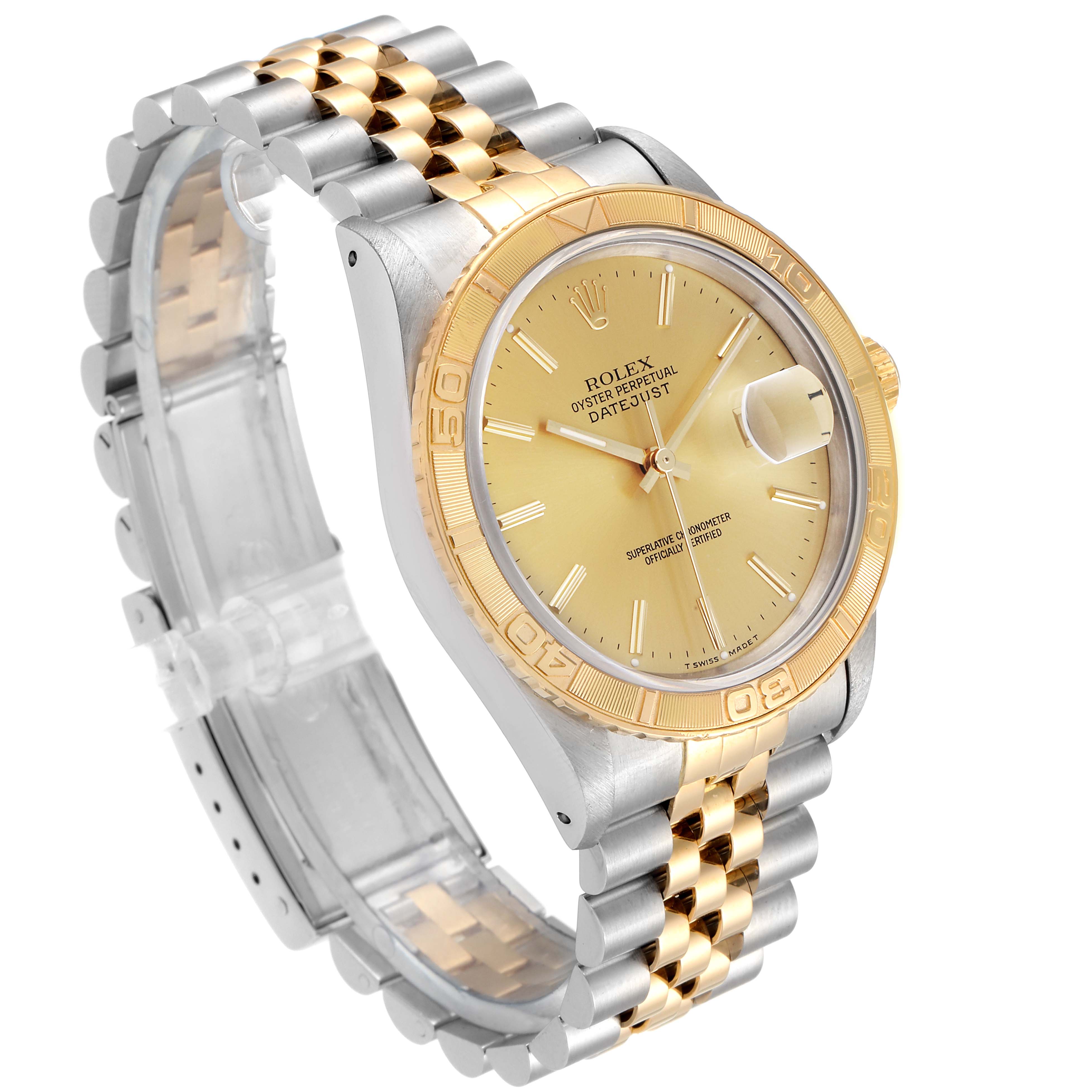 This image shows a side and front view of the Rolex Turn-o-Graph 16263 Men's Steel and Gold (two tone) Champagne Dial 16263 Men's Steel and Gold (two tone) Champagne Dial watch model, highlighting its face, bezel, and bracelet.