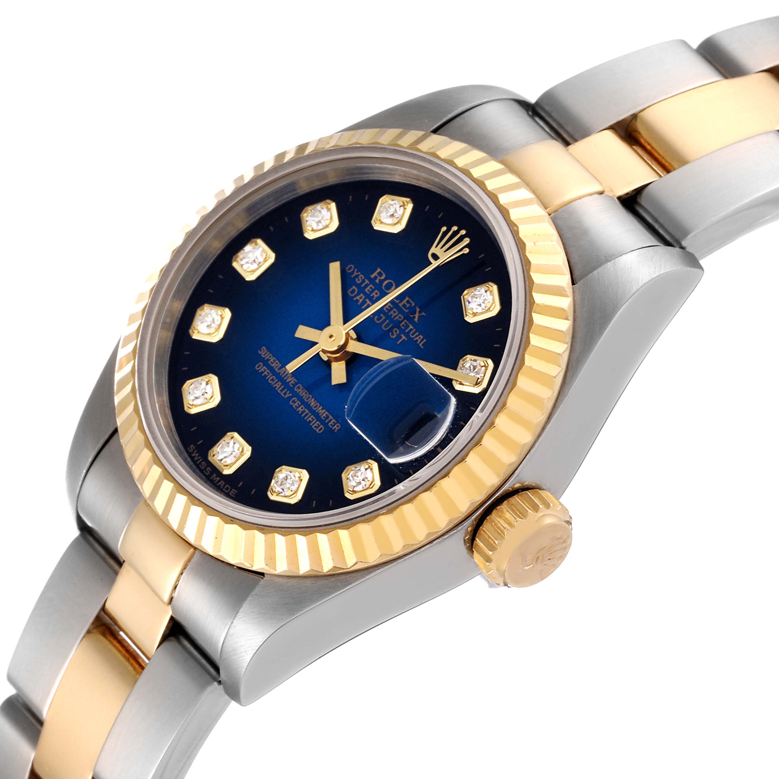 This image shows a close-up angle of a Rolex Datejust 69173 Women's Steel and Gold (two tone) Blue Dial 69173 Women's Steel and Gold (two tone) Blue Dial watch displaying its blue dial, diamond hour markers, and two-tone bracelet.
