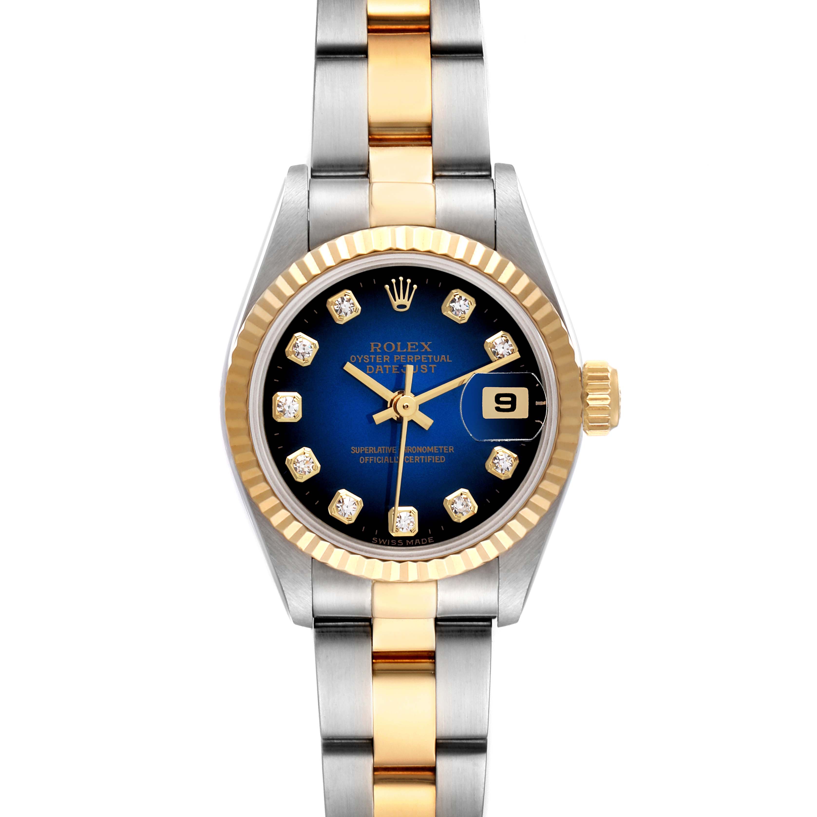 This image shows a front view of the Rolex Datejust 69173 Women's Steel and Gold (two tone) Blue Dial 69173 Women's Steel and Gold (two tone) Blue Dial watch, highlighting its blue dial, diamond hour markers, date window, and two-tone bracelet.