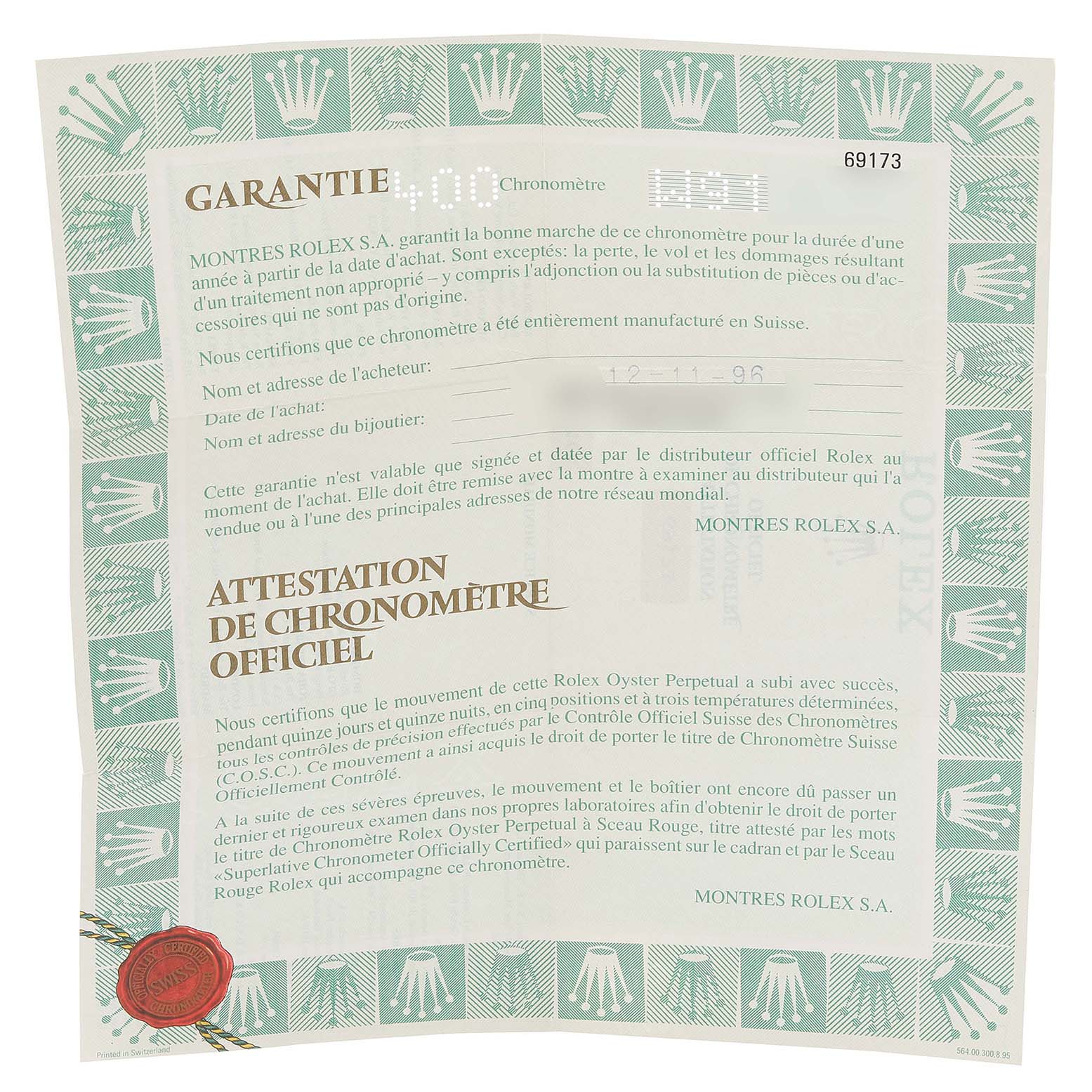 This image shows the official certification and warranty document for a Rolex Datejust 69173 Women's Steel and Gold (two tone) Blue Dial 69173 Women's Steel and Gold (two tone) Blue Dial watch, viewed flat from above.