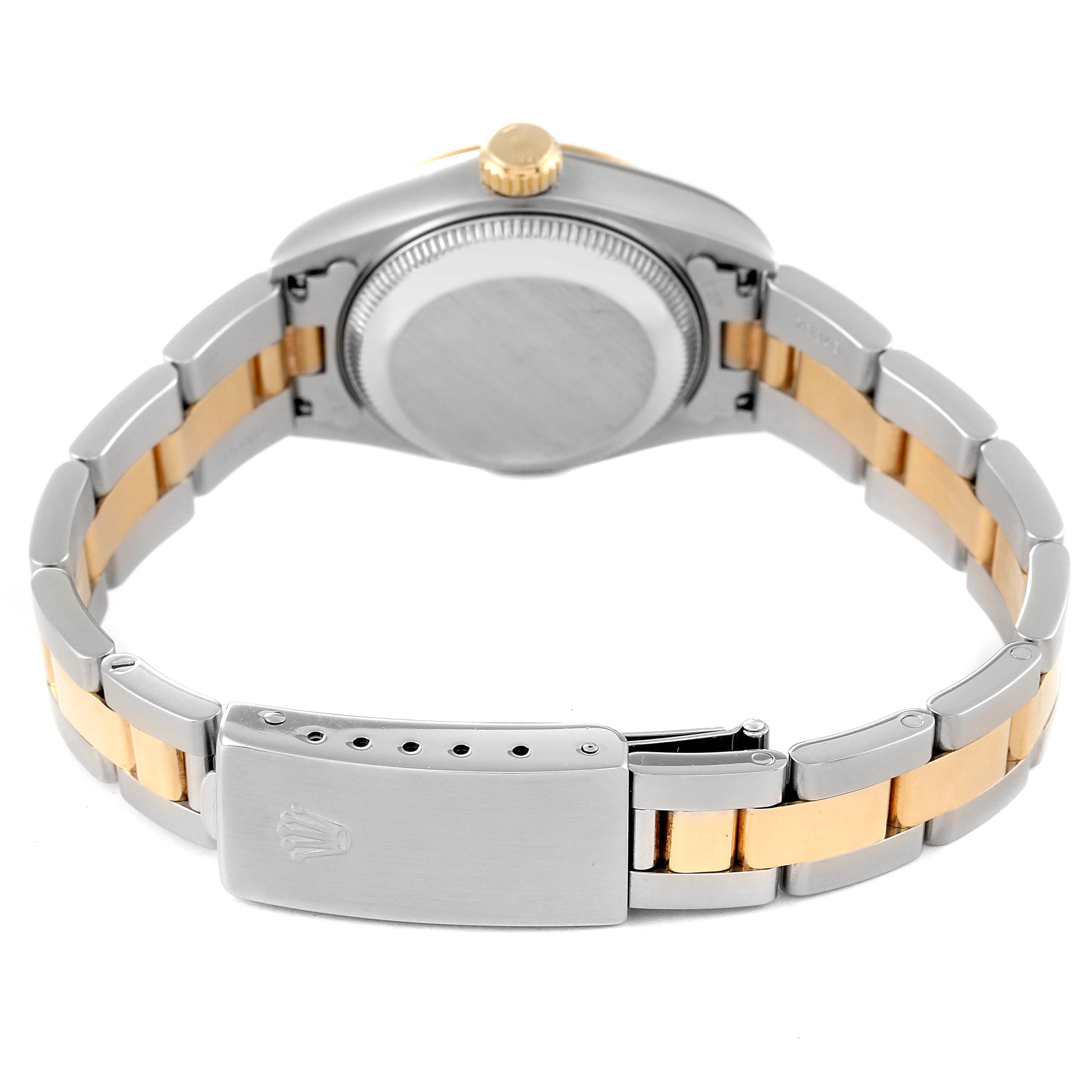 The image shows the back view of a Rolex Datejust 69173 Women's Steel and Gold (two tone) Blue Dial 69173 Women's Steel and Gold (two tone) Blue Dial watch, highlighting its two-tone bracelet and clasp.
