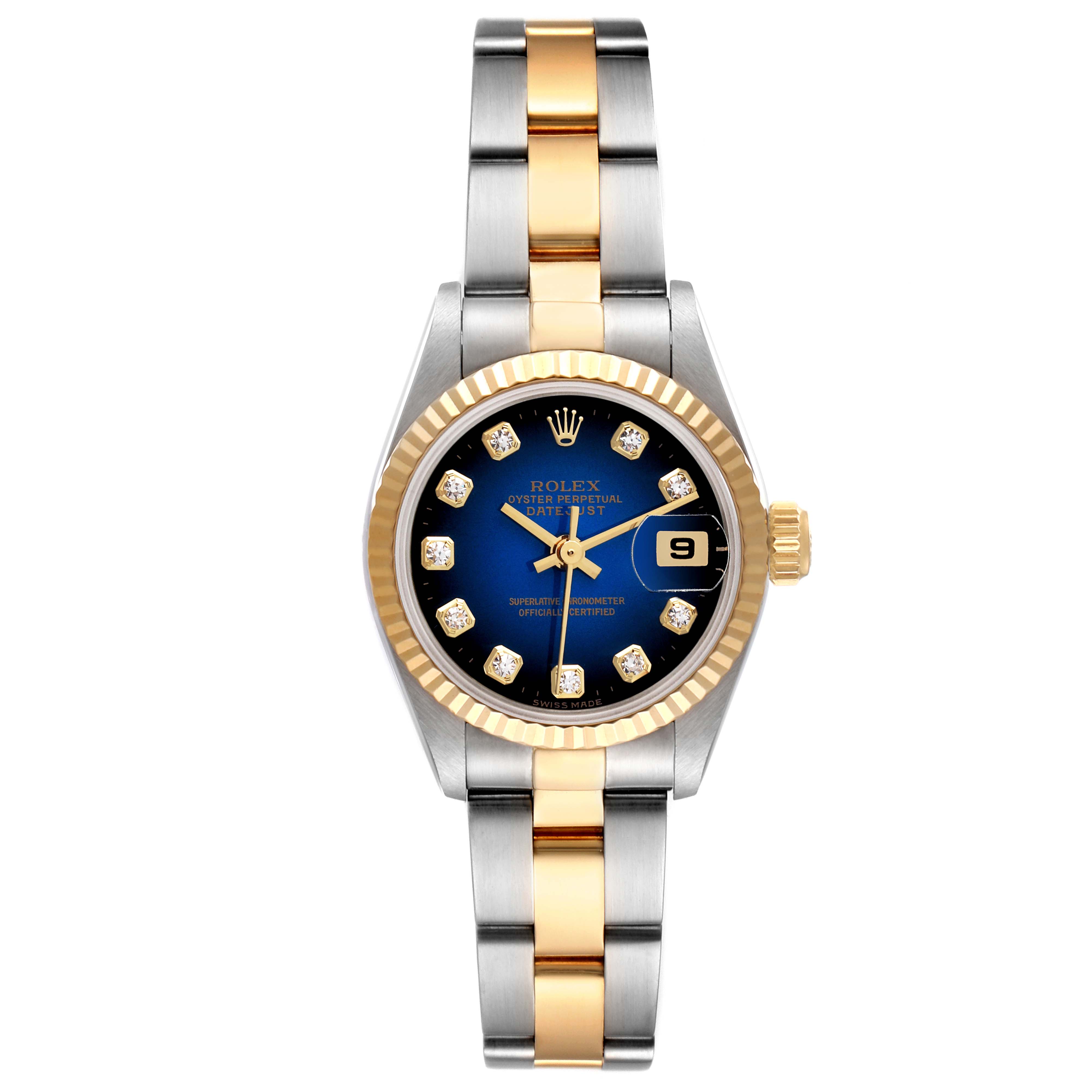 The image shows a front view of the Rolex Datejust 69173 Women's Steel and Gold (two tone) Blue Dial 69173 Women's Steel and Gold (two tone) Blue Dial watch, highlighting the face, dial, bezel, and two-tone bracelet.