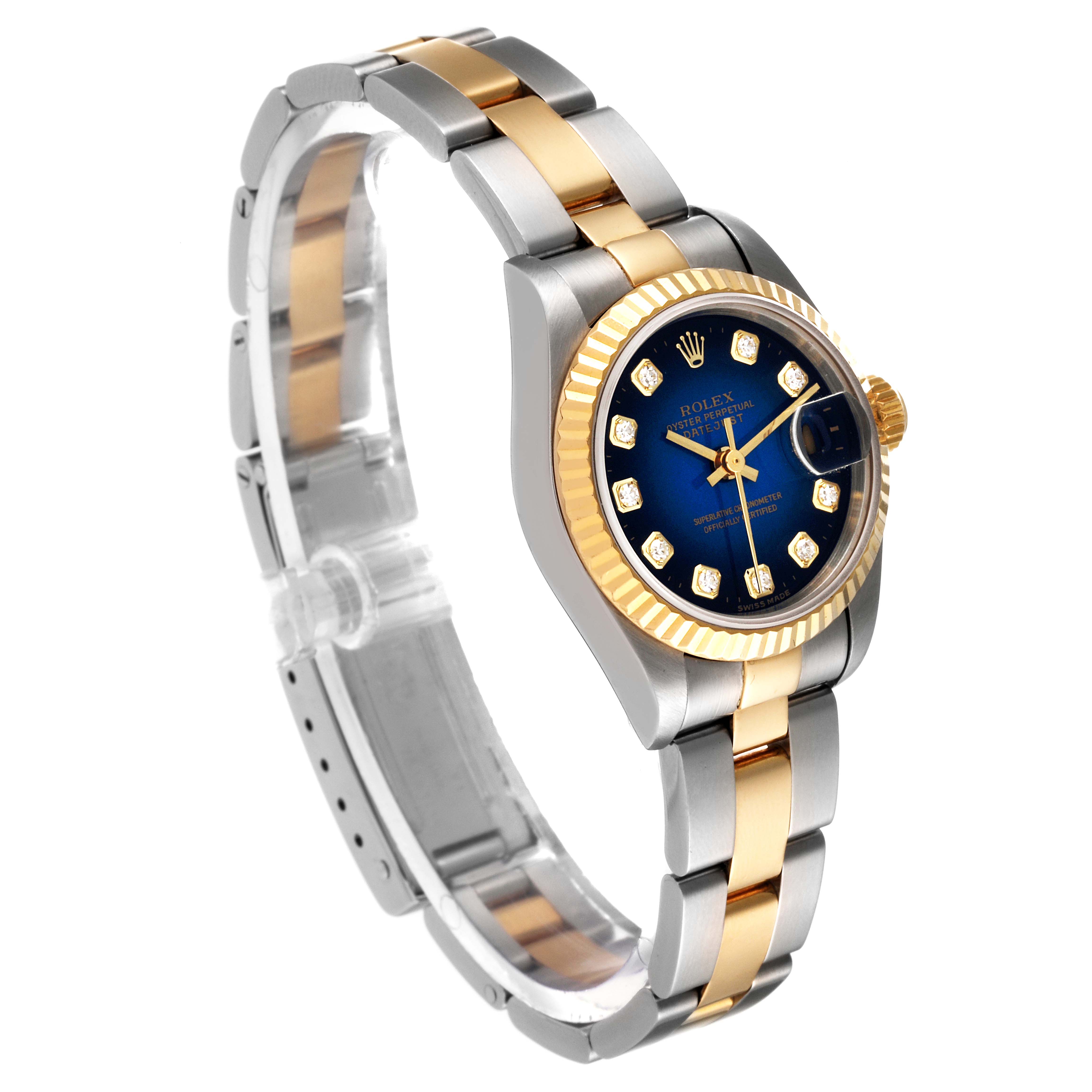 The Rolex Datejust 69173 Women's Steel and Gold (two tone) Blue Dial 69173 Women's Steel and Gold (two tone) Blue Dial watch is shown at a slight angle, highlighting its two-tone metal bracelet, blue dial, and fluted bezel.