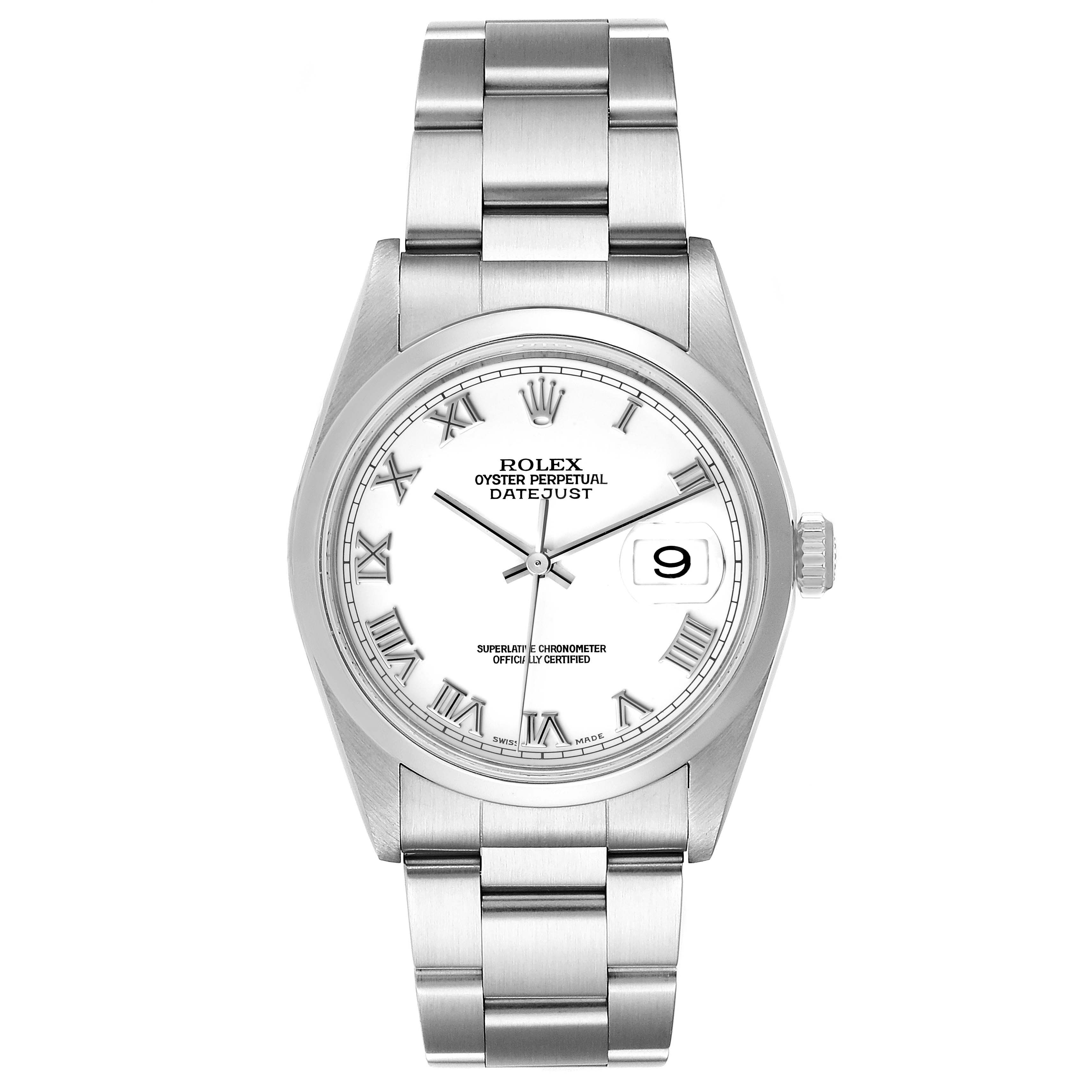 The image shows a front view of a Rolex Datejust 16200 Men's Stainless Steel White Dial 16200 Men's Stainless Steel White Dial watch, highlighting its bracelet, dial, and date window.