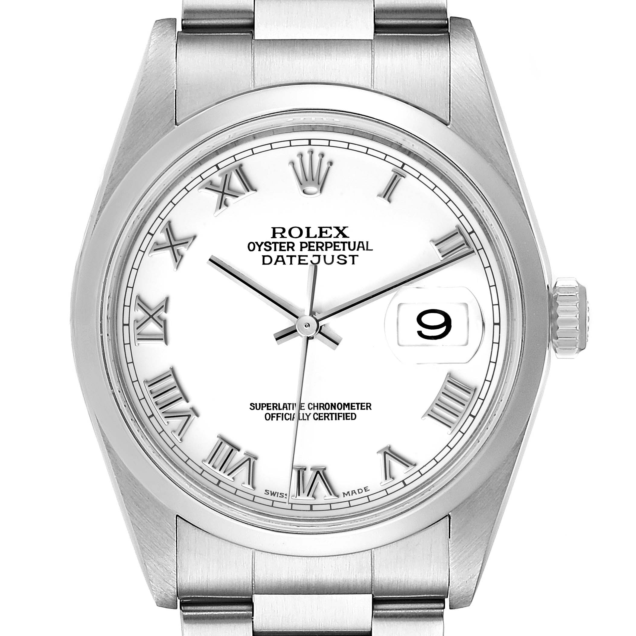 The image shows a front view of a Rolex Datejust 16200 Men's Stainless Steel White Dial 16200 Men's Stainless Steel White Dial watch, displaying the dial, hands, date window, and part of the bracelet.