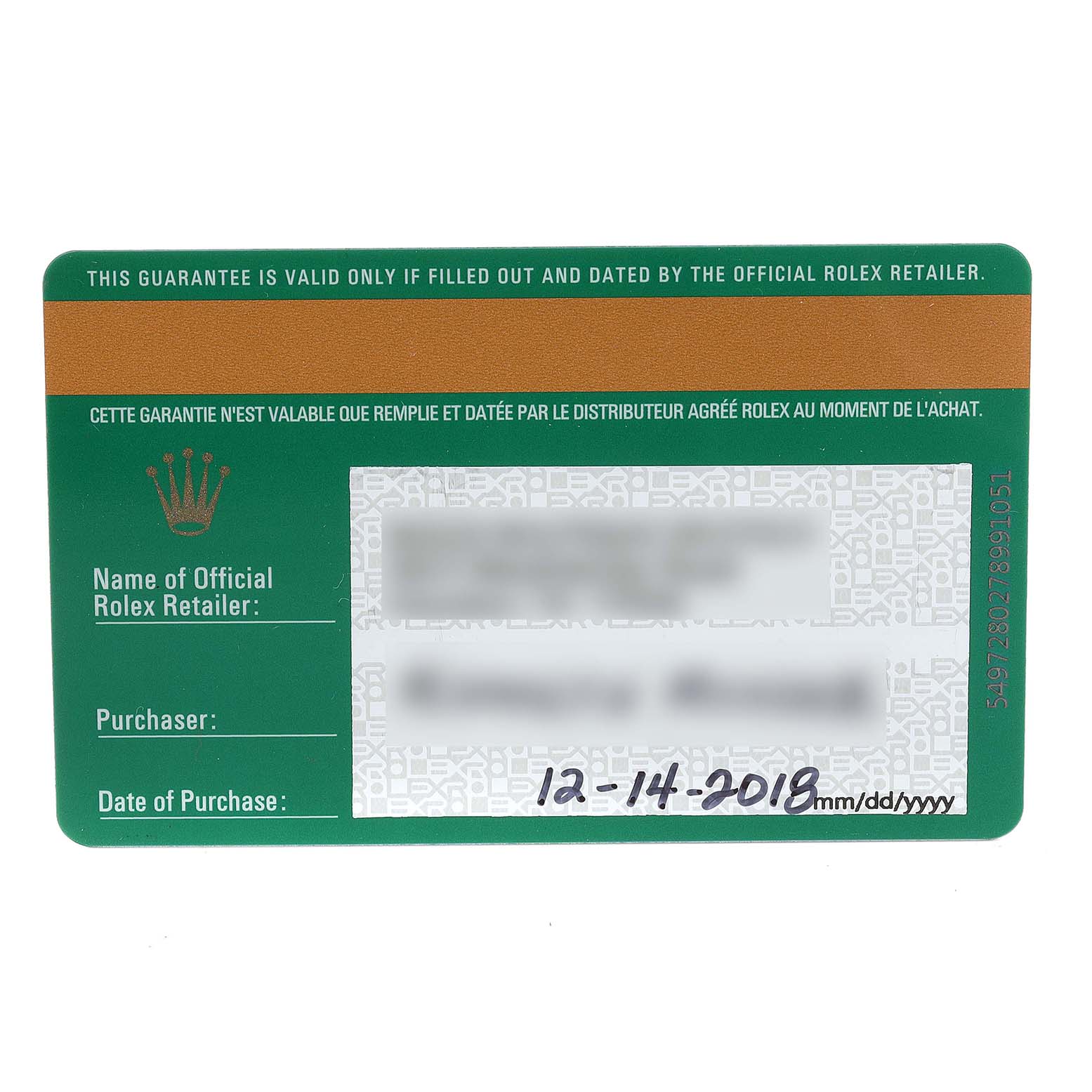 The image shows a warranty card for a Rolex President 228349RBR Men's White Gold Black Dial 228349RBR Men's White Gold Black Dial model watch, with information about the retailer, purchaser, and date of purchase.