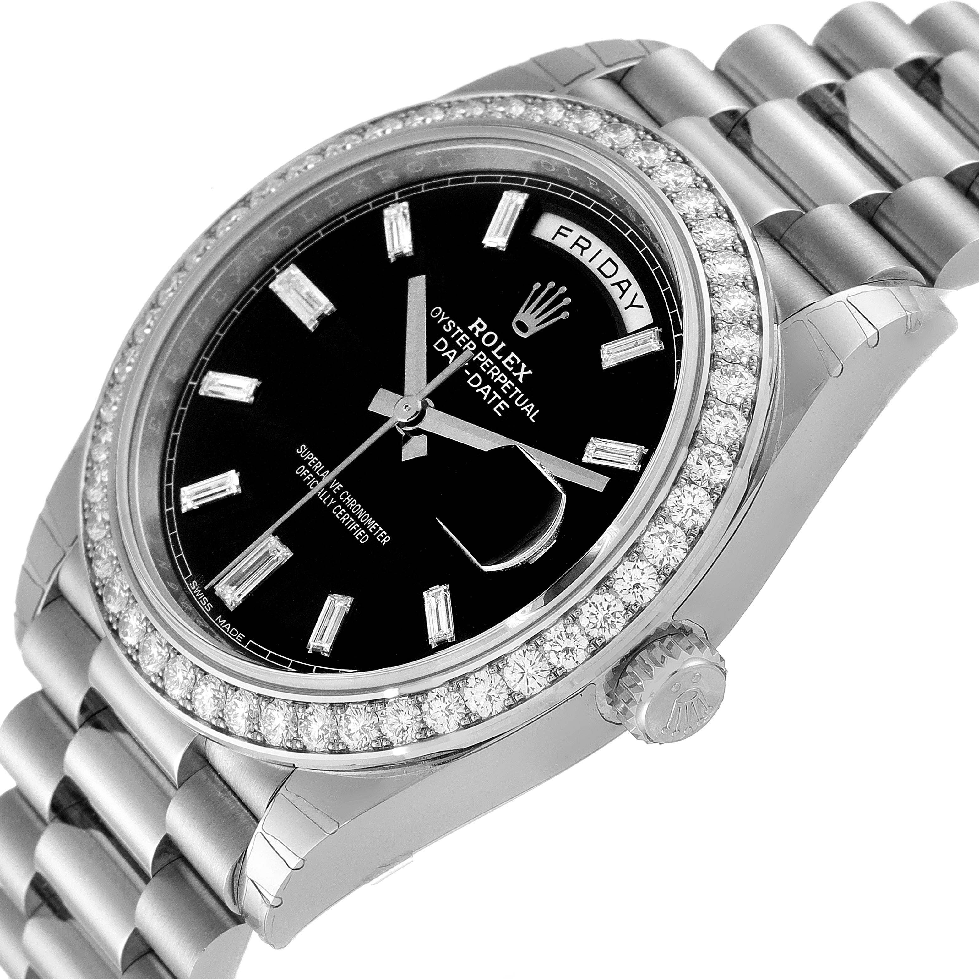 This image shows a Rolex President 228349RBR Men's White Gold Black Dial 228349RBR Men's White Gold Black Dial model watch at a three-quarter angle, highlighting the face, bezel, bracelet, and crown.