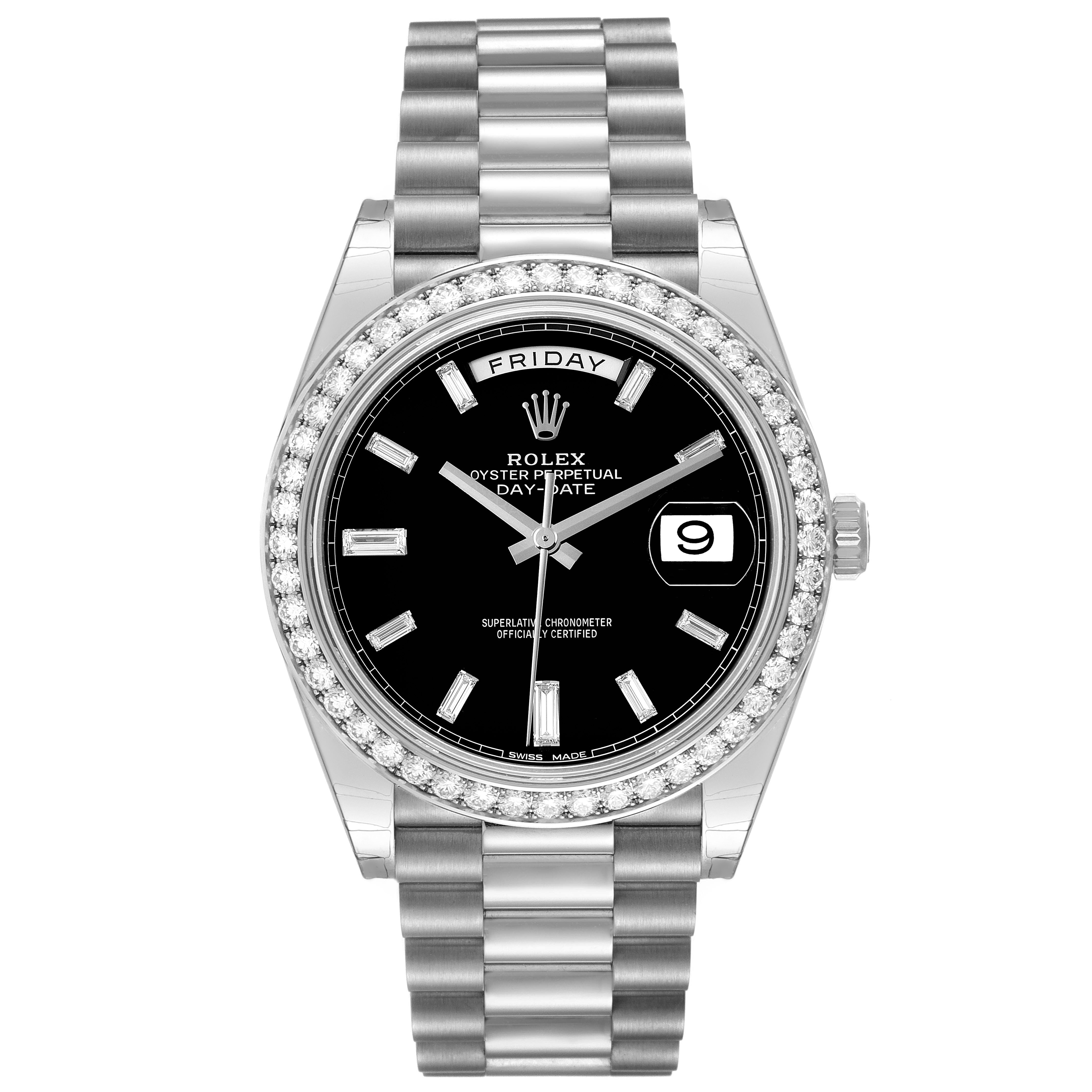 This image shows the front view of a Rolex President 228349RBR Men's White Gold Black Dial 228349RBR Men's White Gold Black Dial model, displaying the dial, bezel, bracelet, and crown.