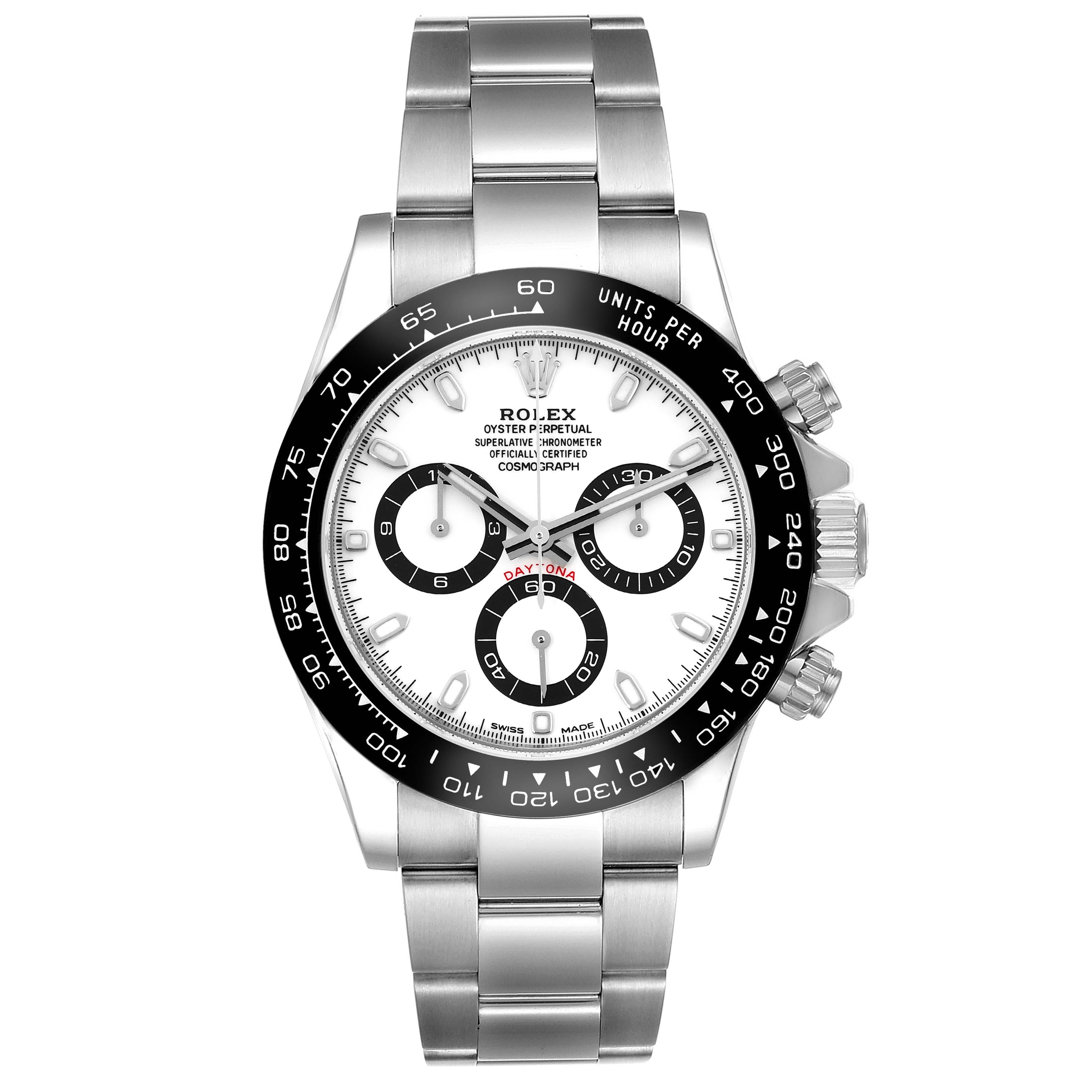 The image shows a front view of the Rolex Daytona 116500LN Men's Stainless Steel White Dial 116500LN Men's Stainless Steel White Dial watch, highlighting the bezel, dial, subdials, crown, and bracelet.
