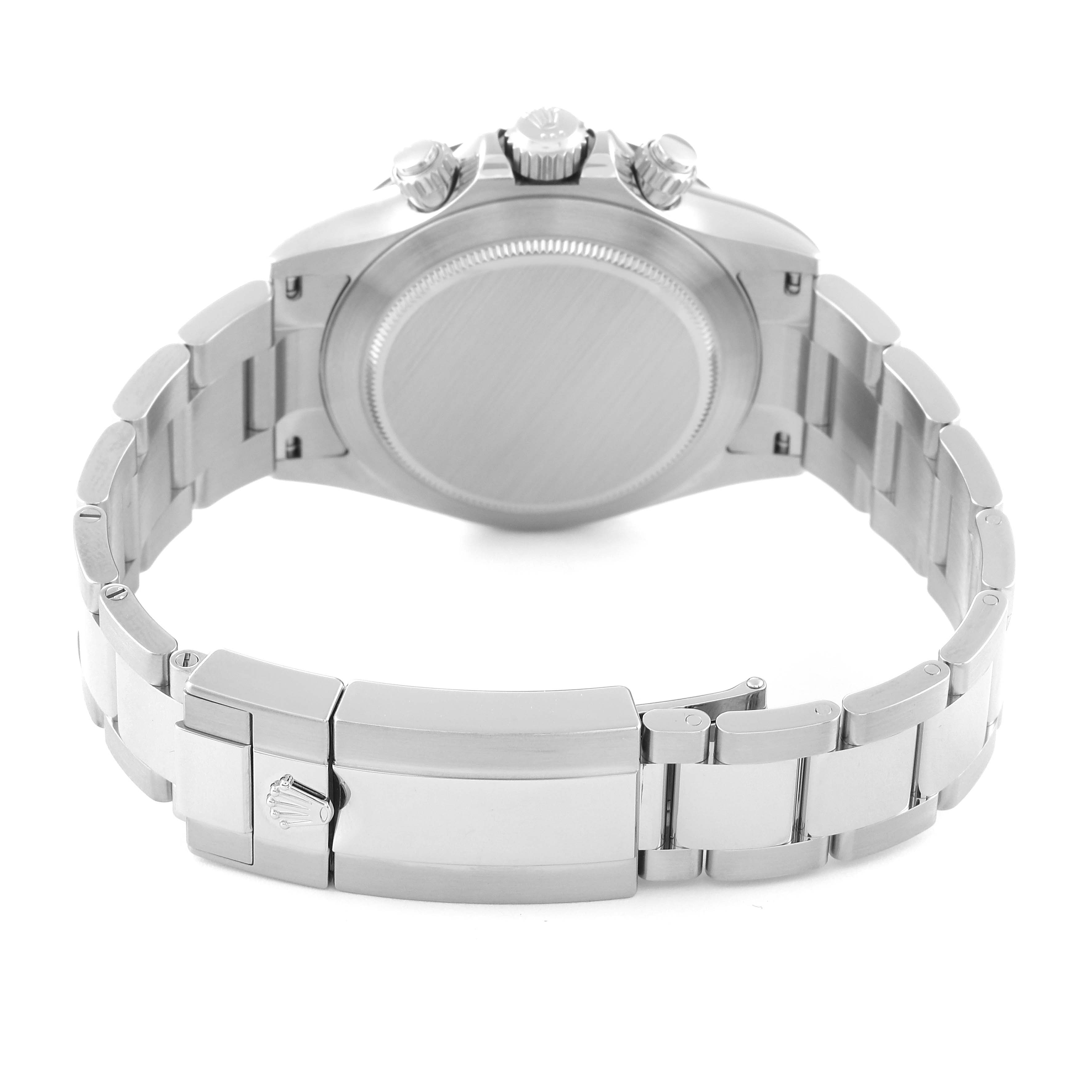 This image shows the back of a Rolex Daytona 116500LN Men's Stainless Steel White Dial 116500LN Men's Stainless Steel White Dial watch, highlighting the clasp and bracelet from a rear angle.