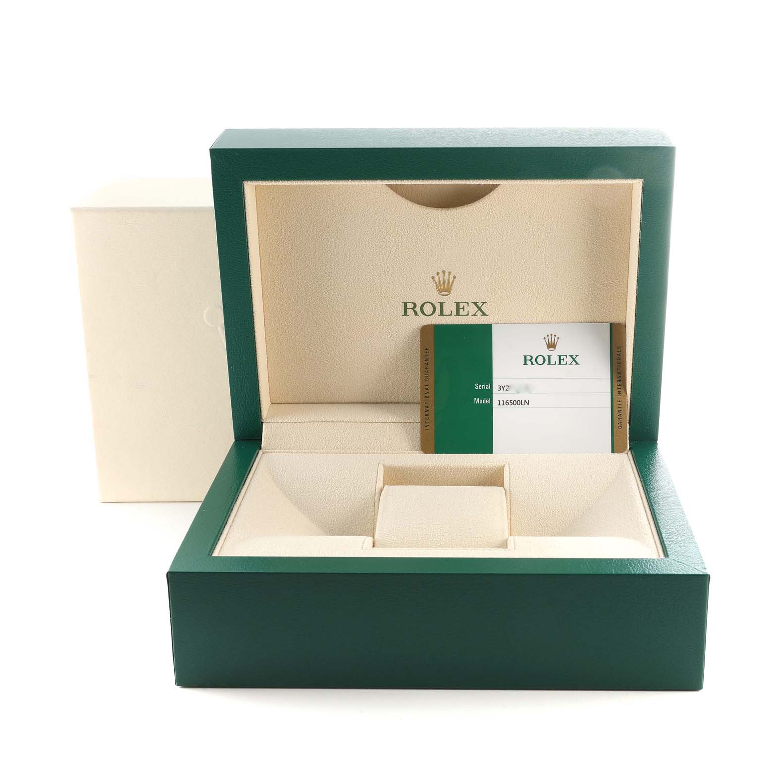 The image shows an open Rolex Daytona 116500LN Men's Stainless Steel White Dial 116500LN Men's Stainless Steel White Dial watch box and a warranty card labeled with model 116500LN.