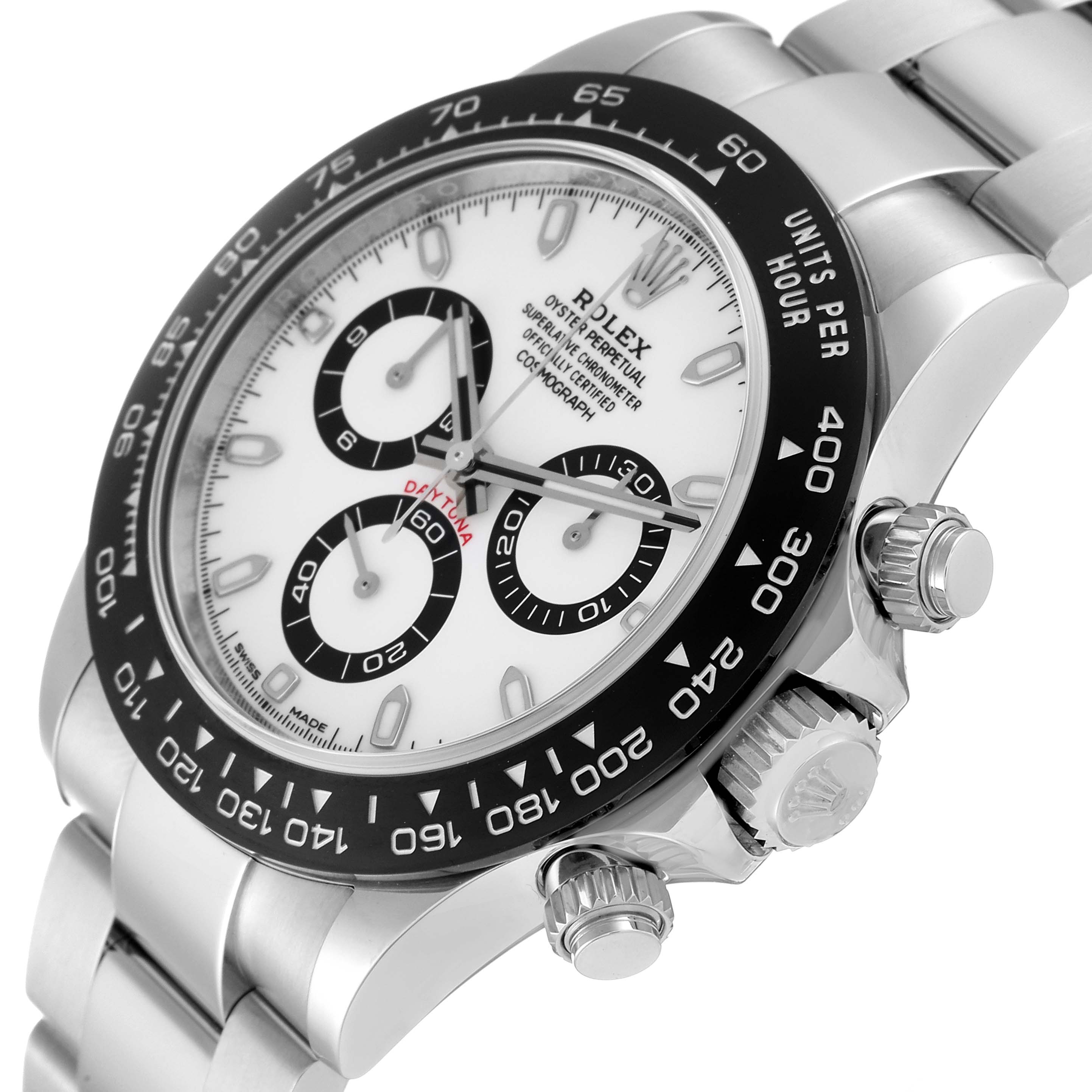 This image shows a Rolex Daytona 116500LN Men's Stainless Steel White Dial 116500LN Men's Stainless Steel White Dial model watch at an angled close-up, highlighting the dial, bezel, and crown.