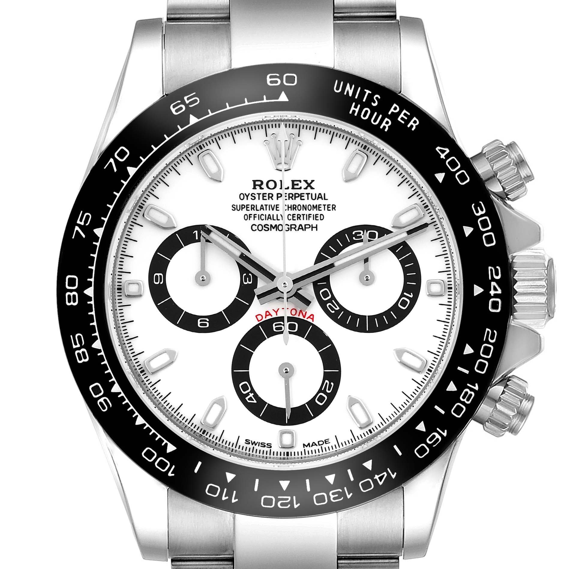 The image shows a front view of the Rolex Daytona 116500LN Men's Stainless Steel White Dial 116500LN Men's Stainless Steel White Dial watch, displaying the watch face, bezel, and chronograph subdials.
