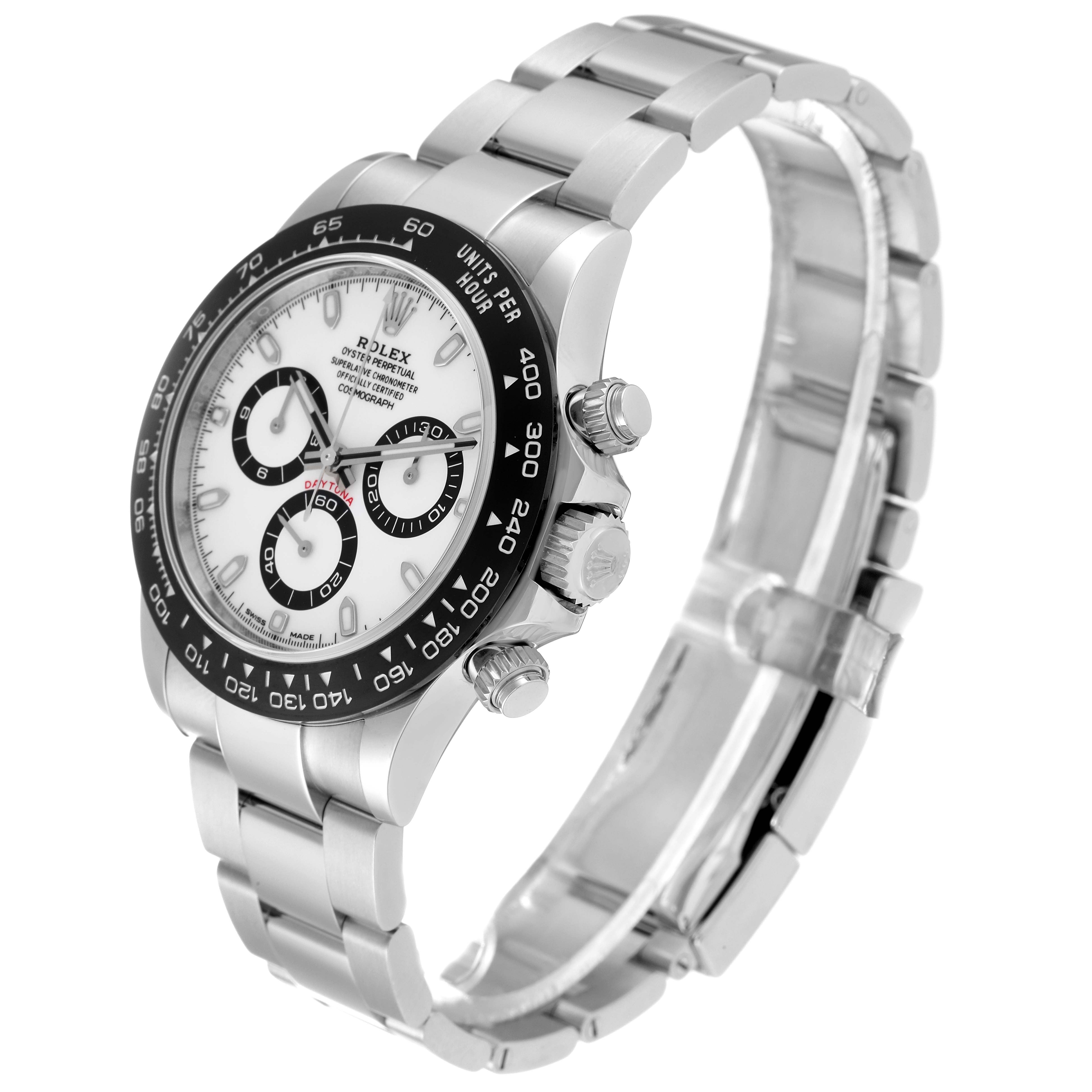 The image shows a side-angle view of a Rolex Daytona 116500LN Men's Stainless Steel White Dial 116500LN Men's Stainless Steel White Dial watch, highlighting its dial, bezel, crown, and bracelet.