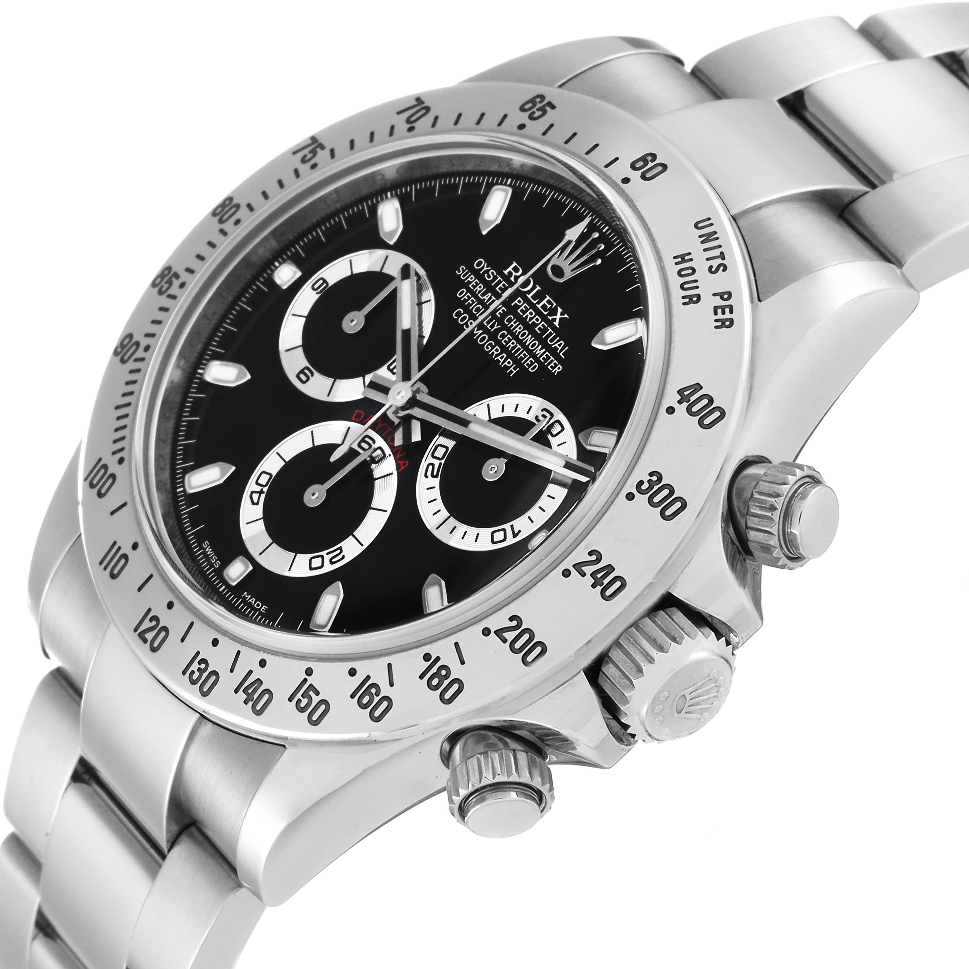 The image shows a Rolex Daytona 116520 Men's Stainless Steel Black Dial 116520 Men's Stainless Steel Black Dial watch angled to display the dial, bezel, and bracelet prominently.