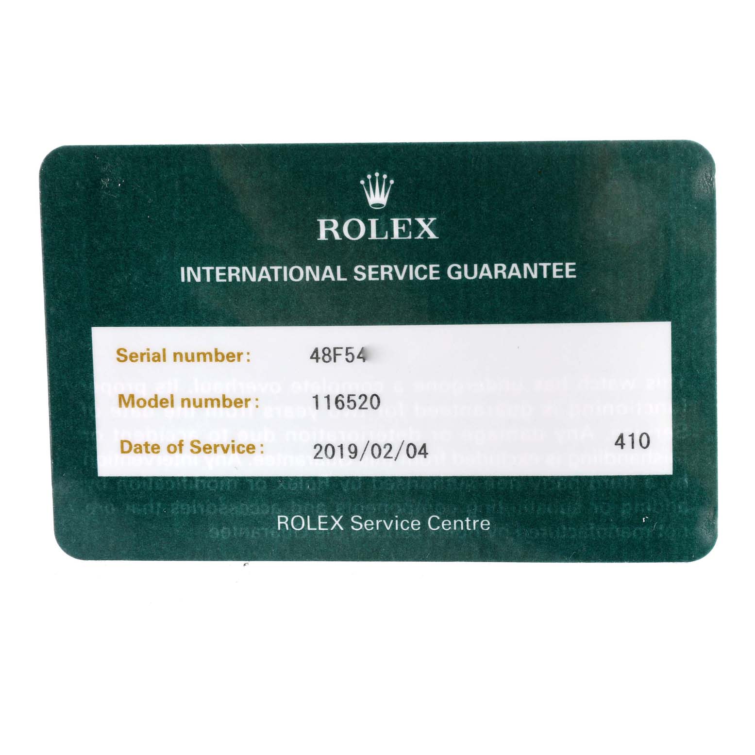 This image shows a Rolex International Service Guarantee card for the Daytona model 116520, dated 2019/02/04.