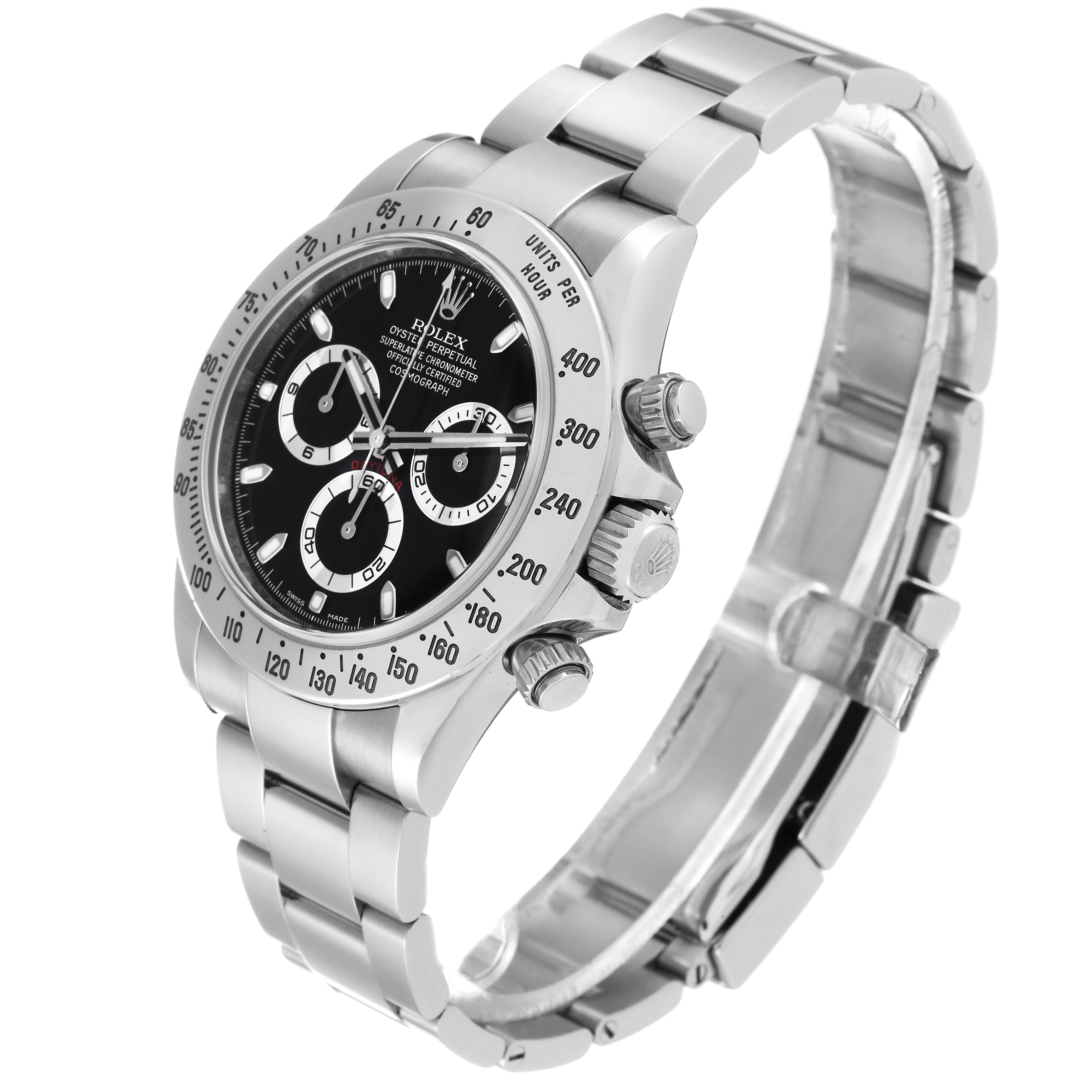 This image shows a silver Rolex Daytona 116520 Men's Stainless Steel Black Dial 116520 Men's Stainless Steel Black Dial watch at a slight angle, focusing on its black dial, bezel, and partially open metal bracelet.