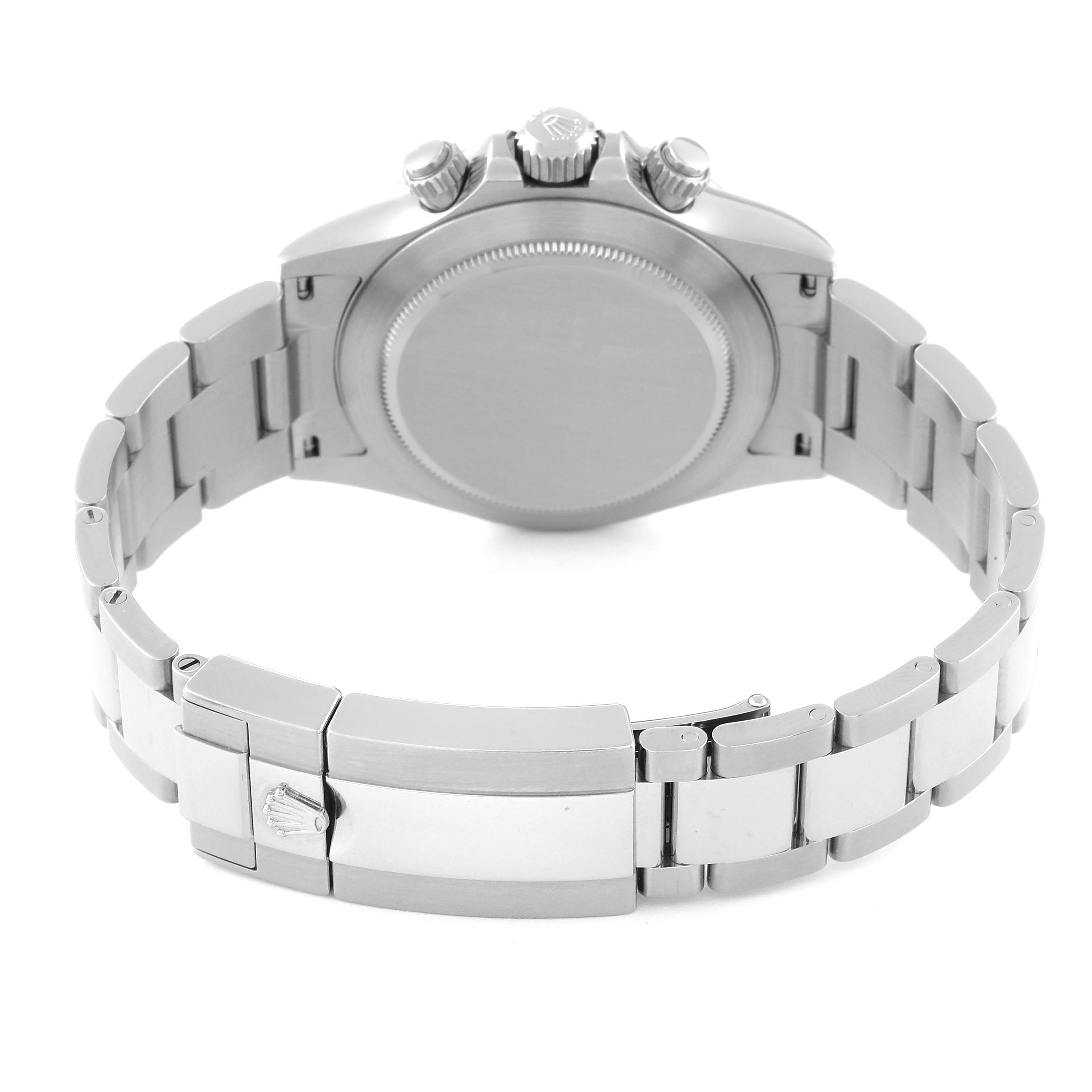 The image shows the back view of a Rolex Daytona 116520 Men's Stainless Steel Black Dial 116520 Men's Stainless Steel Black Dial watch, focusing on the case back, bracelet, and the clasp.