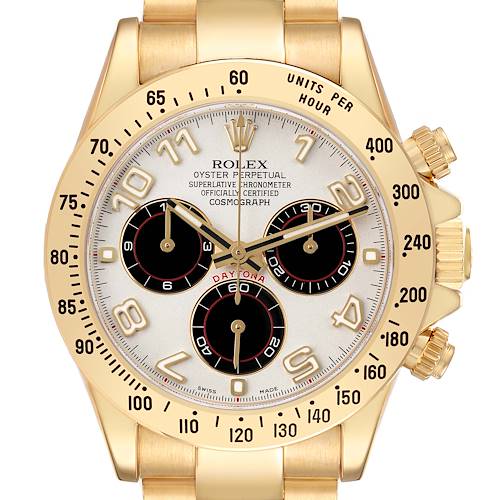 The image shows a Rolex Daytona 116528 Men's Yellow Gold White Dial watch from a top-down angle, highlighting the dial, bezel, and pushers.