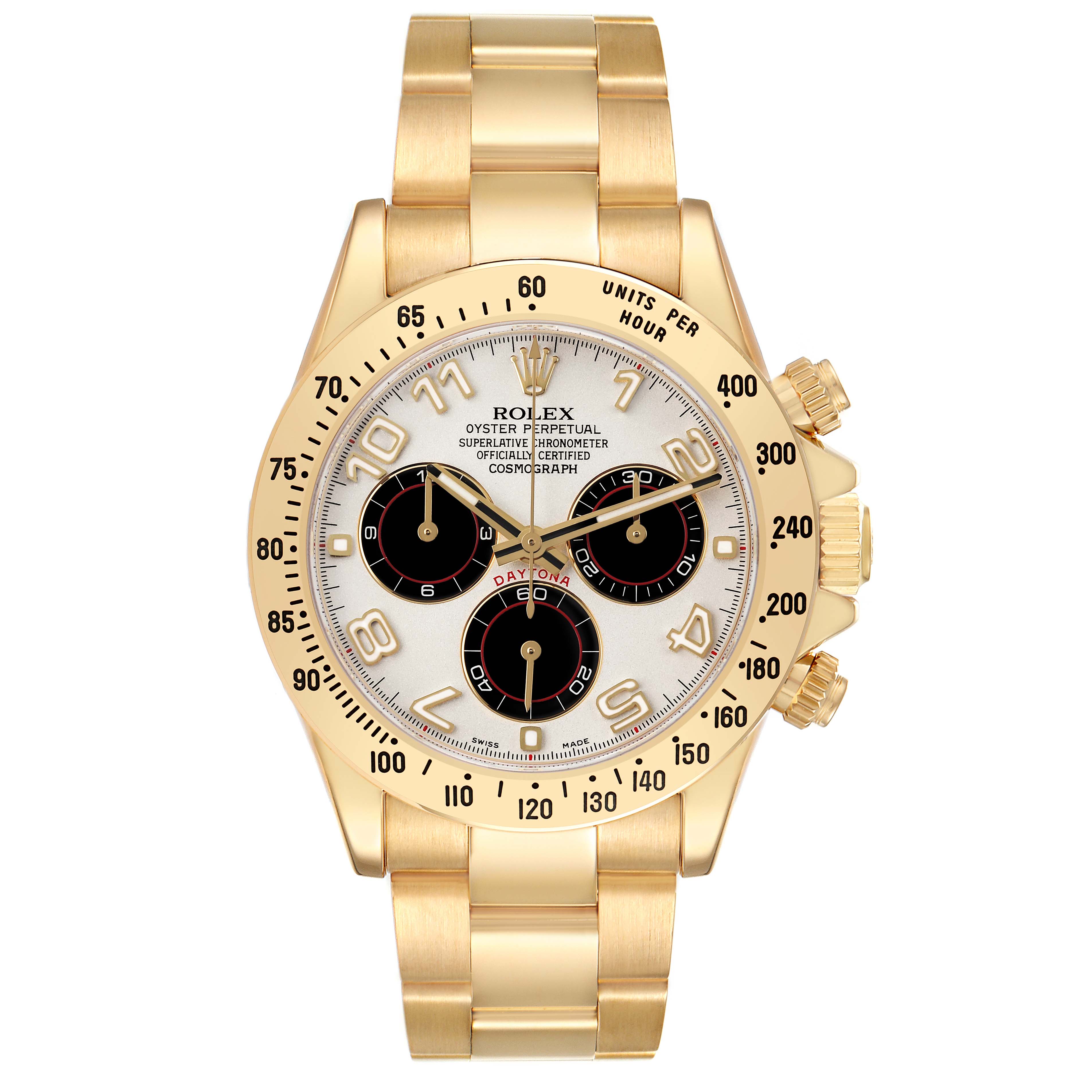 The Rolex Daytona 116528 Men's Yellow Gold White Dial watch is shown from the front, highlighting the dial, bezel, bracelet, and pushers.