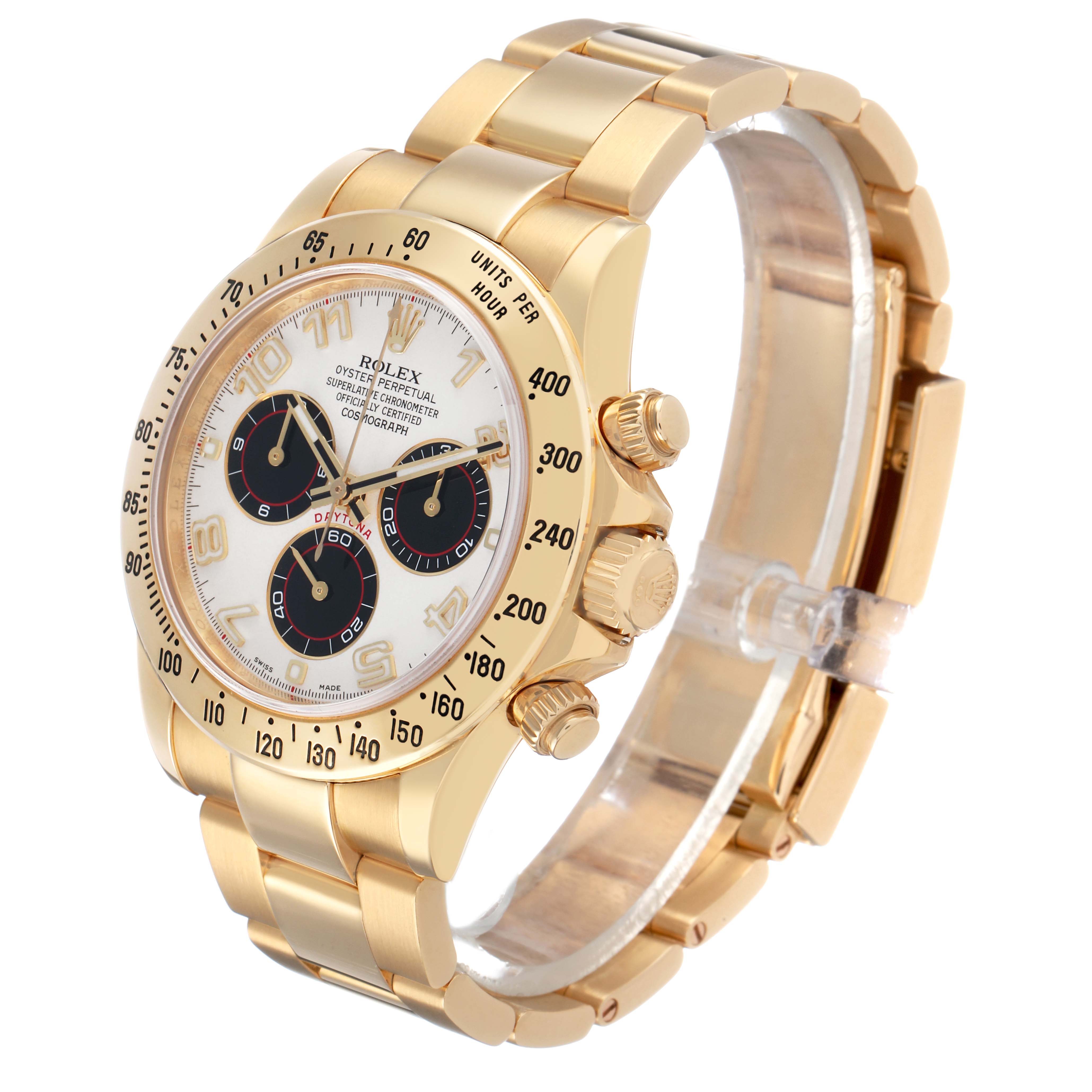 The Rolex Daytona 116528 Men's Yellow Gold White Dial watch is shown at a slight angle, highlighting the dial, bezel, crown, pushers, and bracelet.