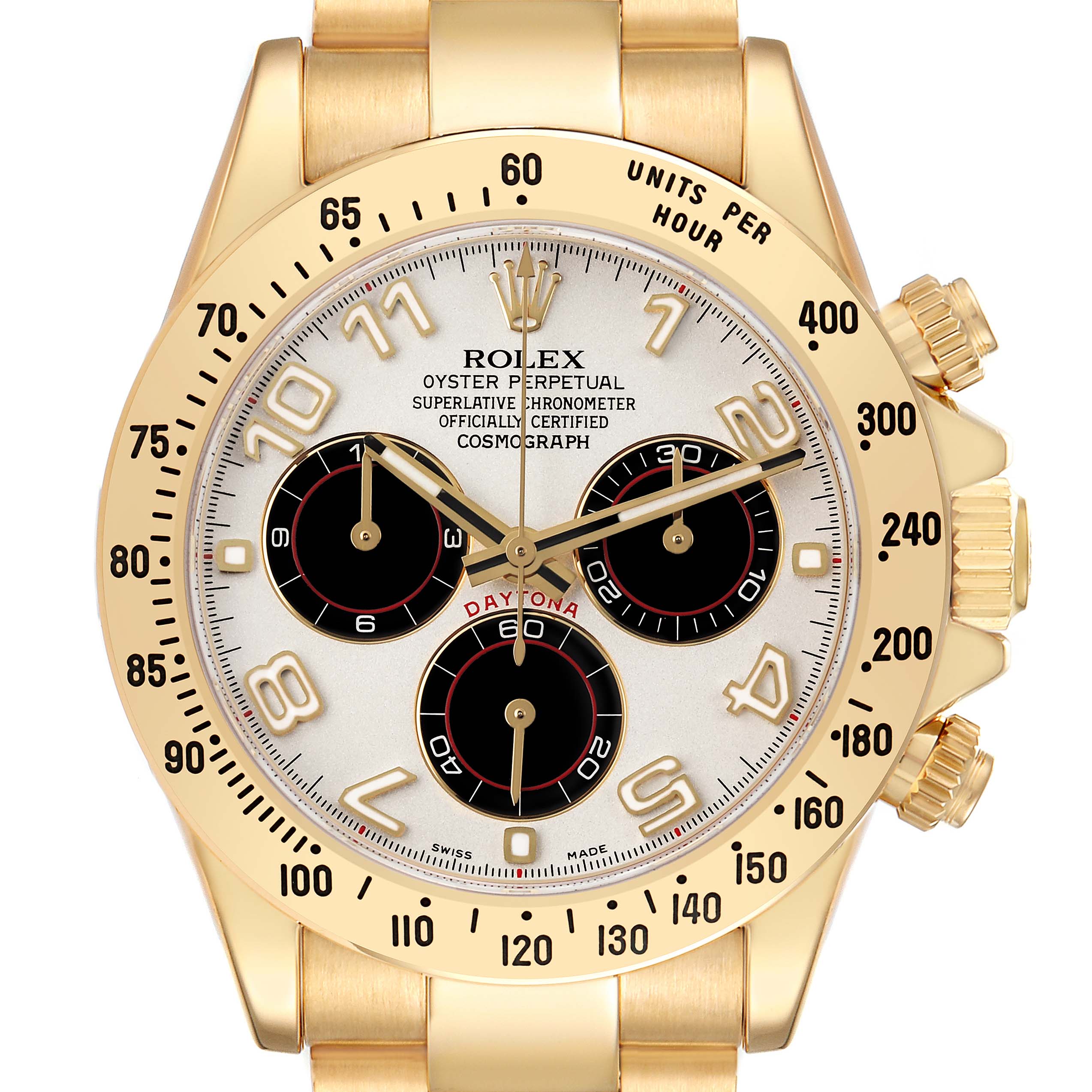 The image shows a front view of a Rolex Daytona 116528 Men's Yellow Gold White Dial watch, highlighting the dial, subdials, bezel, and crown.