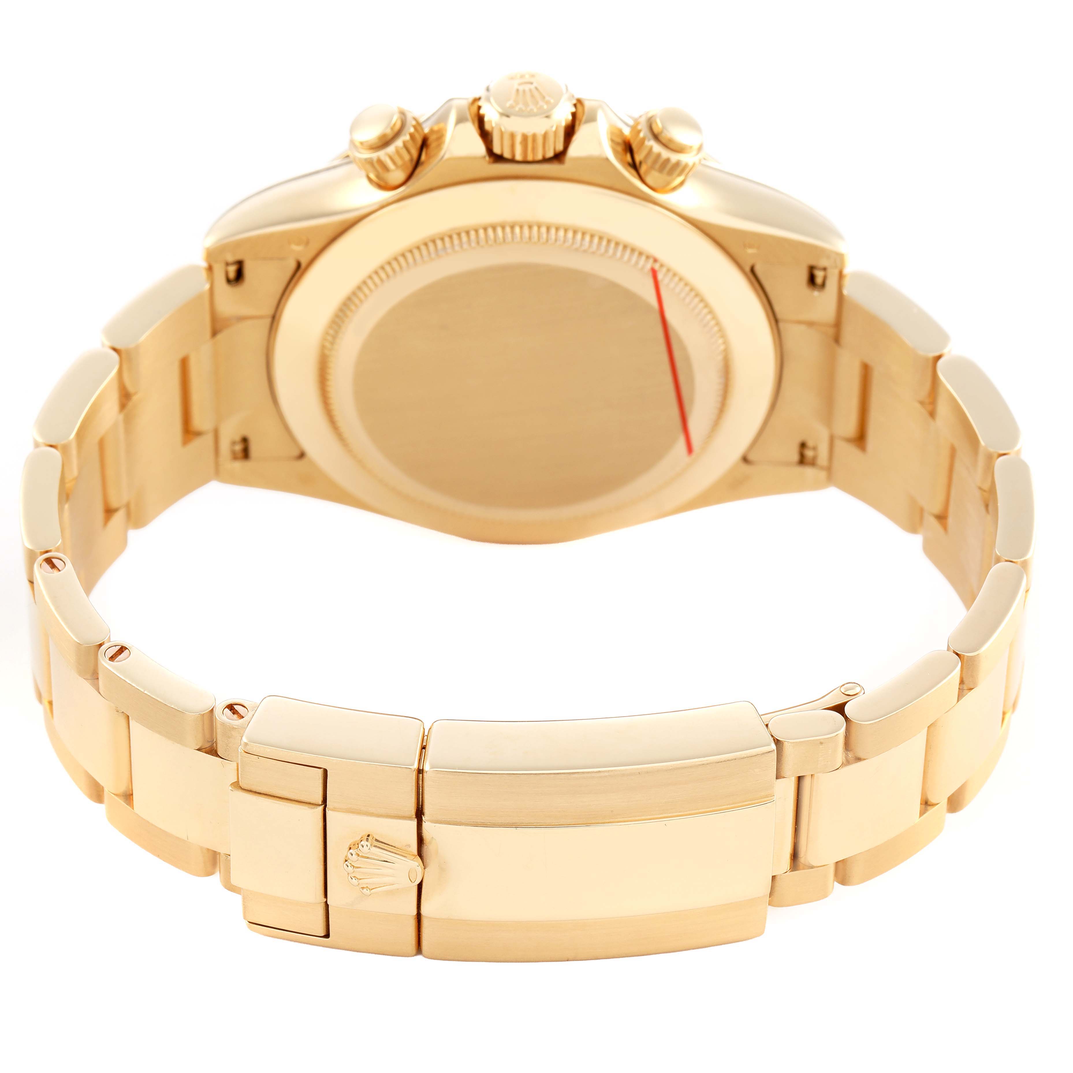 The image shows the back and clasp of a Rolex Daytona 116528 Men's Yellow Gold White Dial watch, with the crown and pushers visible from a rear angle.