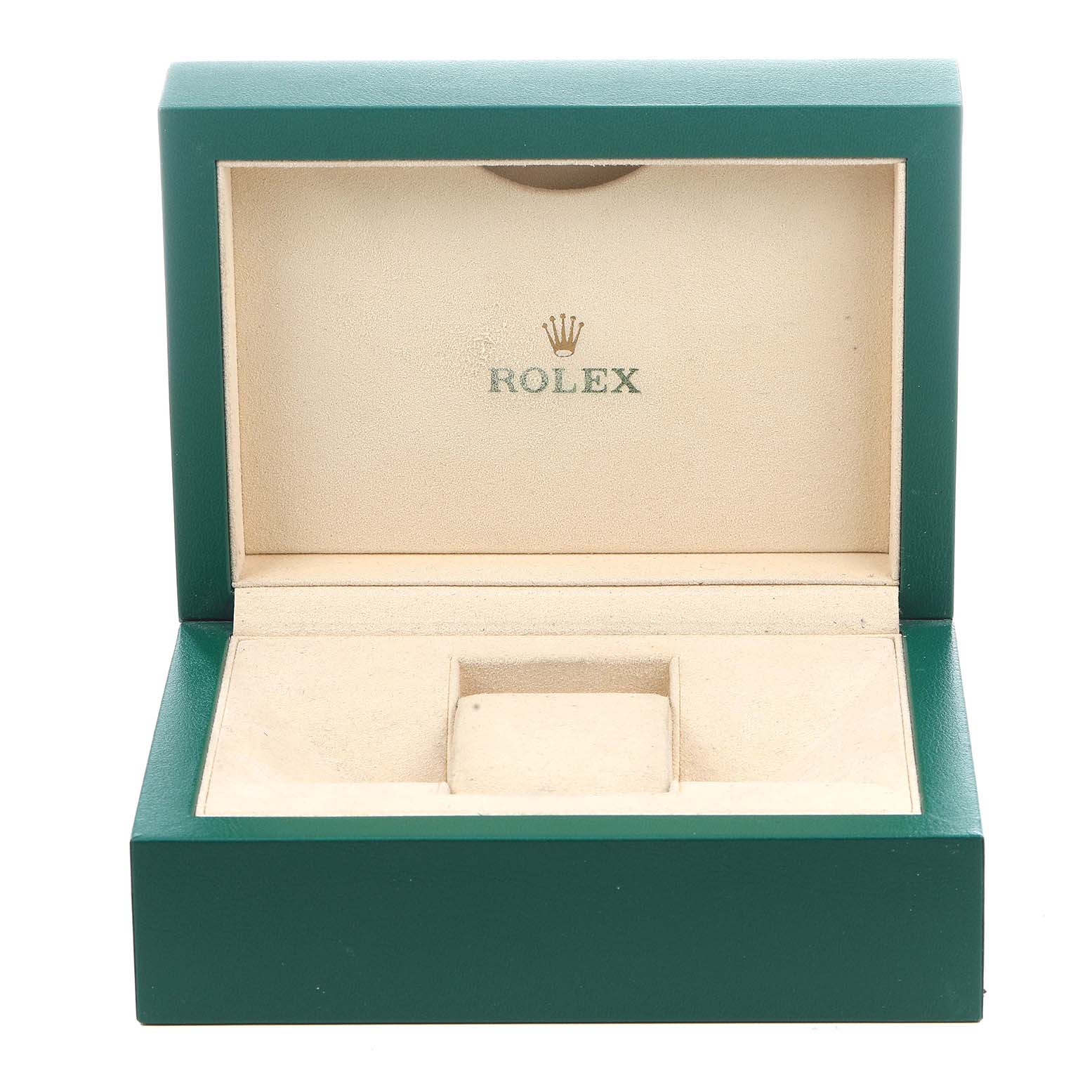 The image shows an open display box for a Rolex Daytona 116528 Men's Yellow Gold White Dial watch, viewed from the front.