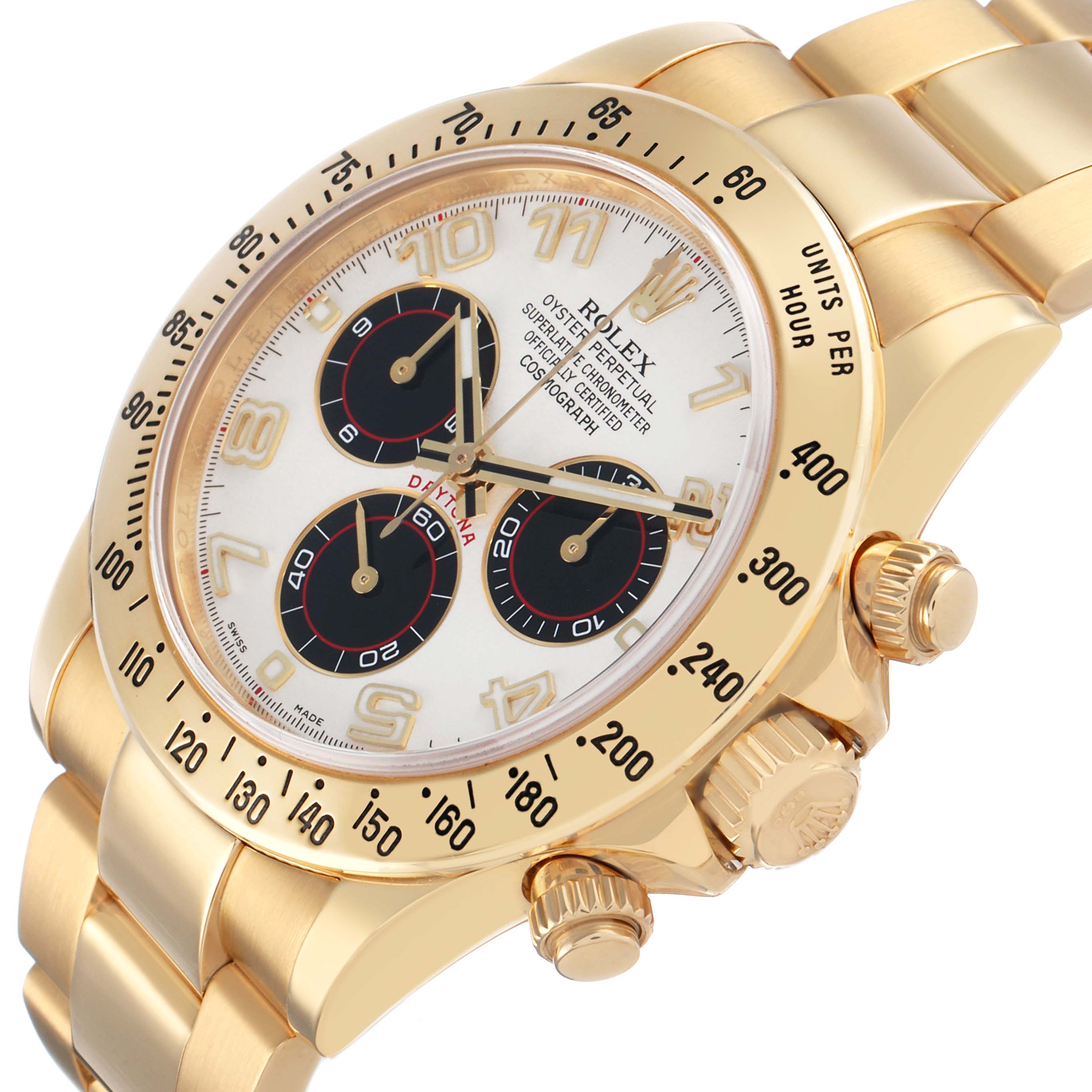 The Rolex Daytona 116528 Men's Yellow Gold White Dial watch is shown from a slight angled side view, highlighting its face, bezel, and crown.