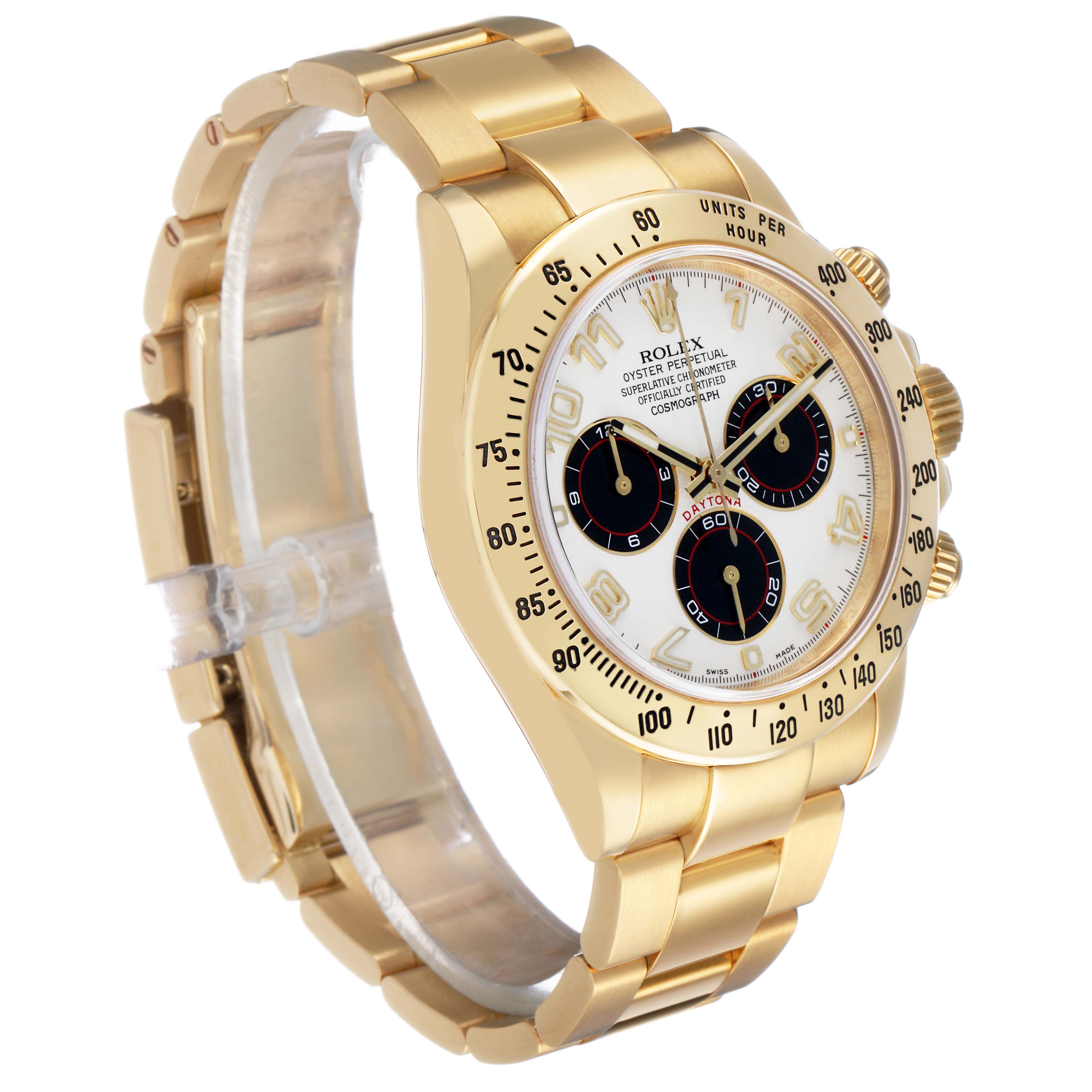 The Rolex Daytona 116528 Men's Yellow Gold White Dial watch is shown at a three-quarter angle, displaying the dial, bezel, crown, and part of the bracelet.