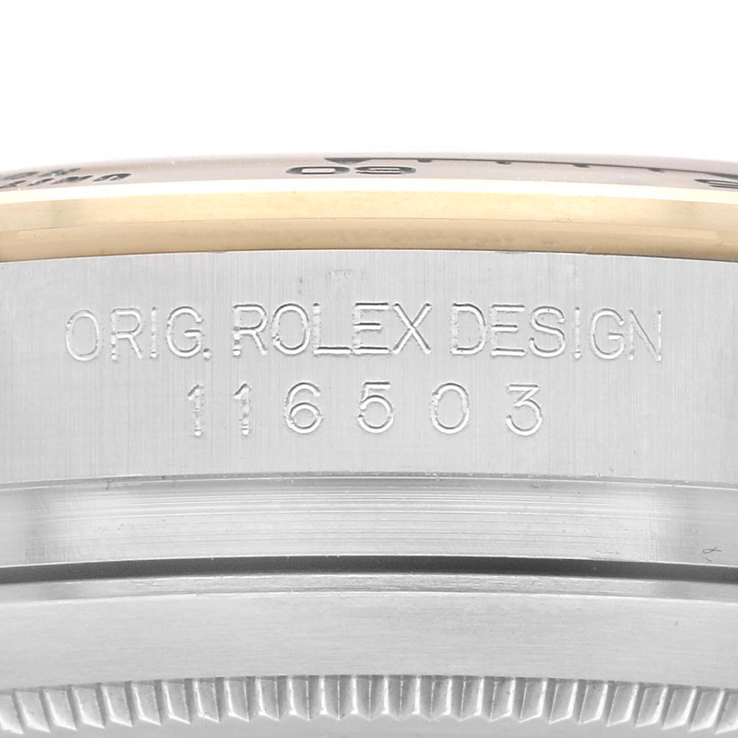 This image shows a close-up of the side case engraving for the Rolex Daytona 116503 Men's Steel and Gold (two tone) Mother of Pearl Dial 116503 Men's Steel and Gold (two tone) Mother of Pearl Dial model, revealing its design and model number.