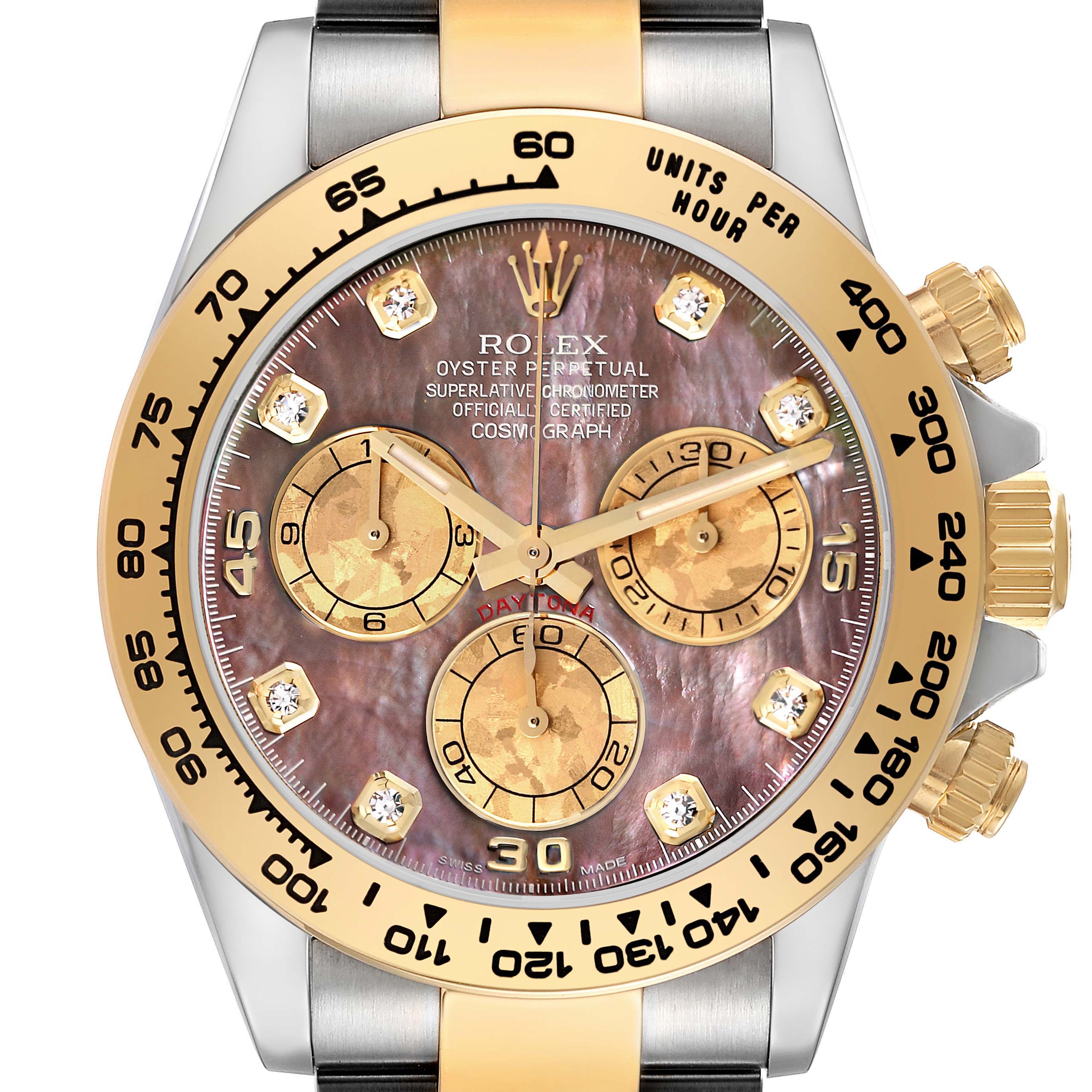 The image shows a front view of the Rolex Daytona 116503 Men's Steel and Gold (two tone) Mother of Pearl Dial 116503 Men's Steel and Gold (two tone) Mother of Pearl Dial watch, displaying its face, bezel, and chronograph subdials.