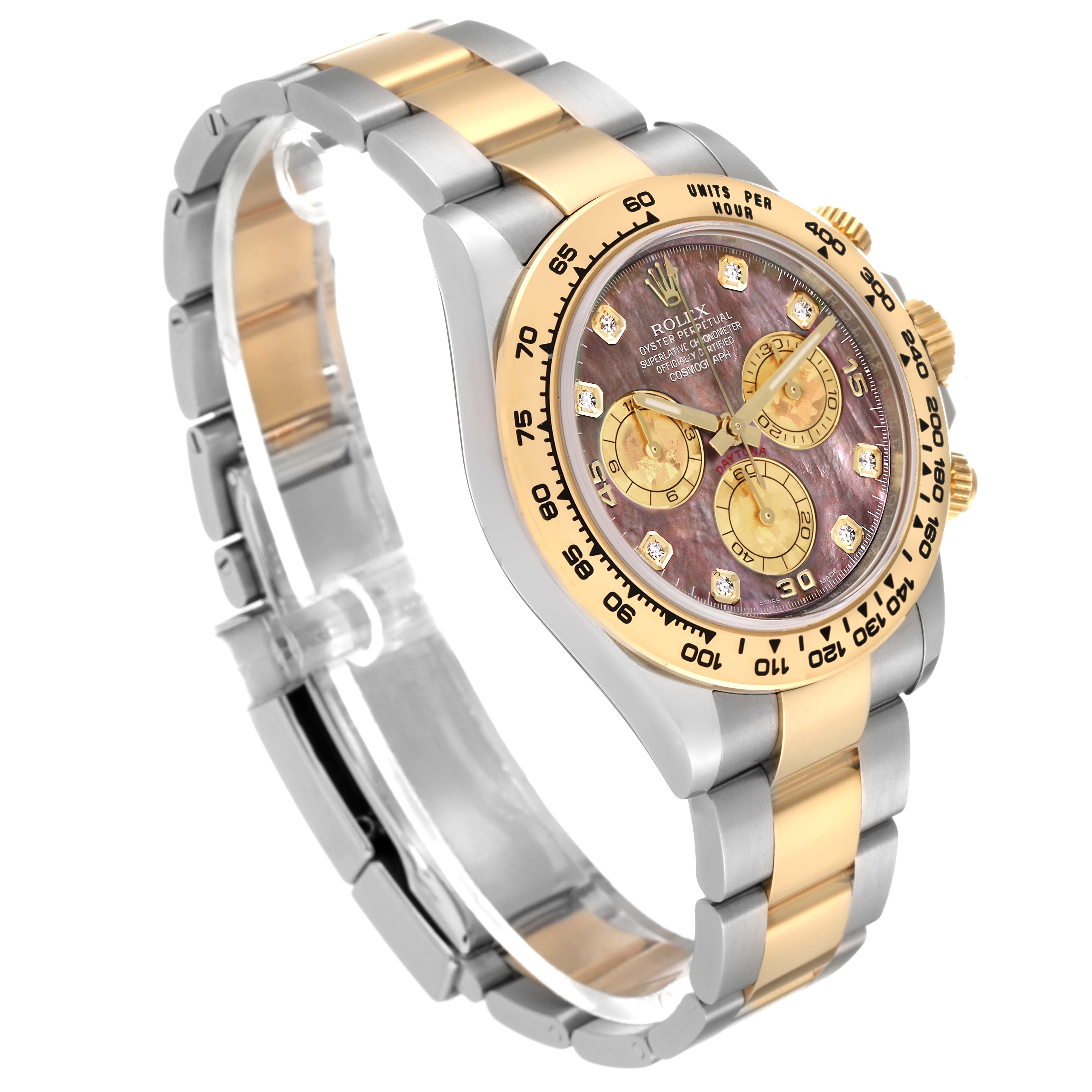 The image shows a Rolex Daytona 116503 Men's Steel and Gold (two tone) Mother of Pearl Dial 116503 Men's Steel and Gold (two tone) Mother of Pearl Dial watch at a three-quarter angle, highlighting its two-tone bracelet, bezel, and detailed dial with three sub-dials.